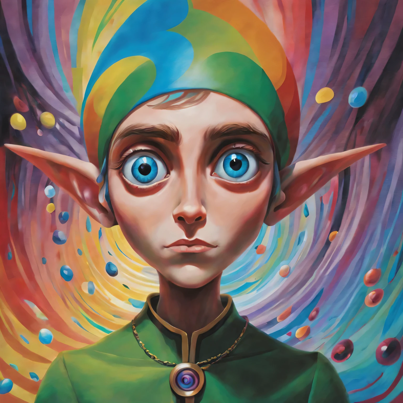 Pixar style, gloomy, negative, twisted, Strange, big eyed elf, portrait,Psychedelic painting in front of colorful swirls