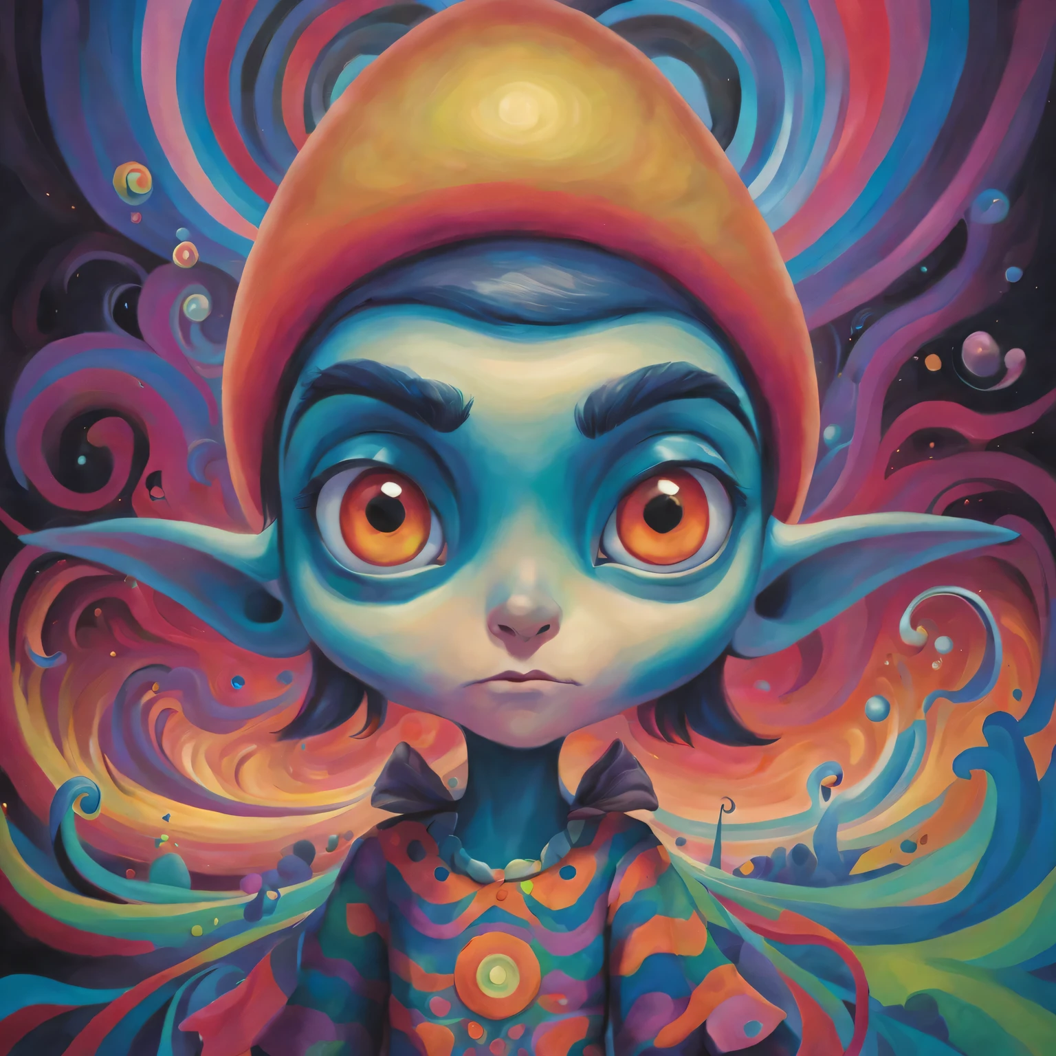 Pixar style, gloomy, negative, twisted, Strange, big eyed elf, portrait,Psychedelic painting in front of colorful swirls