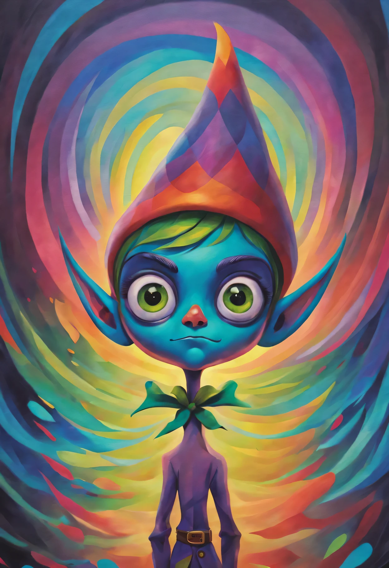 Pixar style, gloomy, negative, twisted, Strange, big eyed elf, portrait,Psychedelic painting in front of colorful swirls