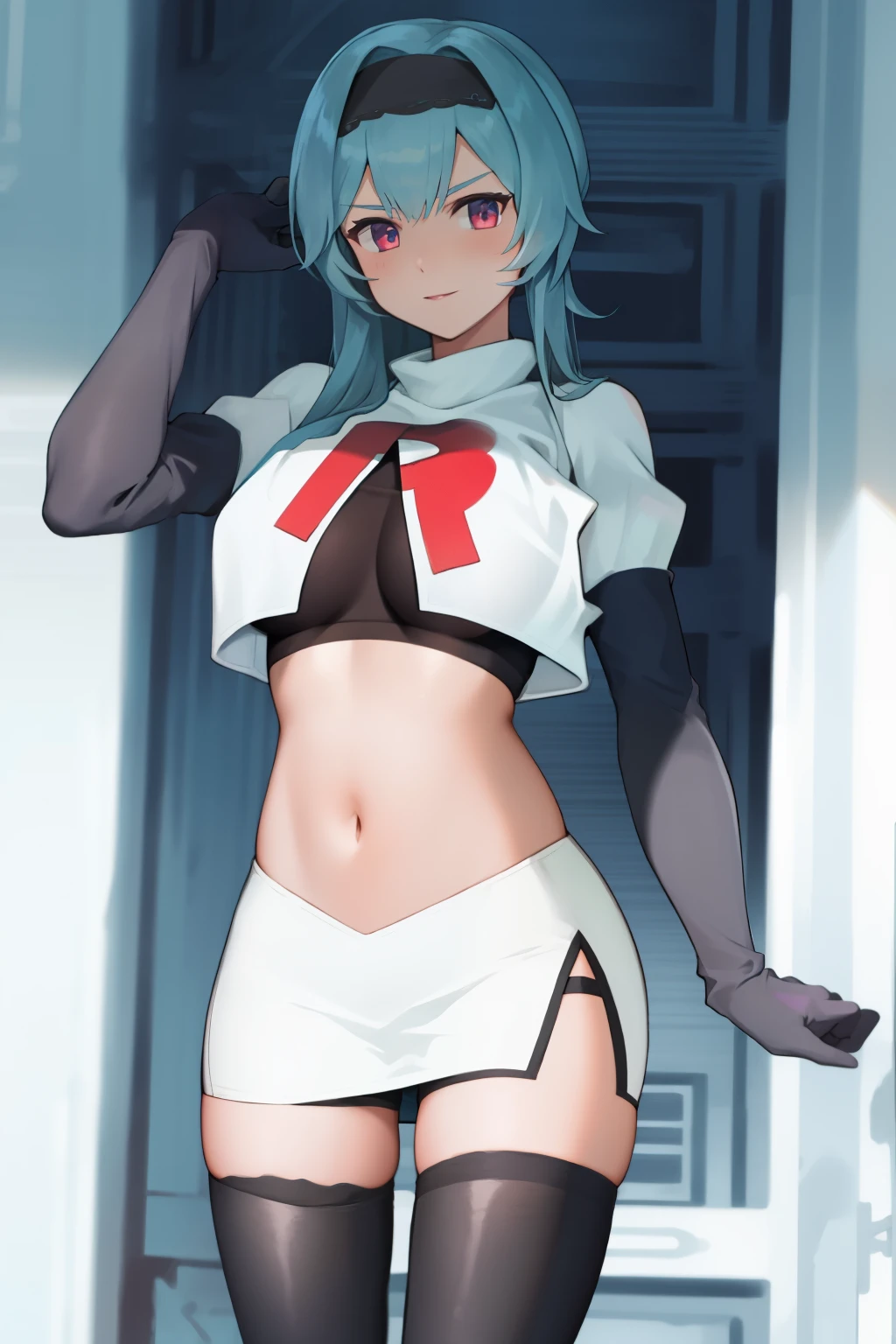 1girl, solo, euladef, large breasts, thighs, team rocket,team rocket uniform,white skirt,red letter R,crop top,black thigh-highs,black elbow gloves,