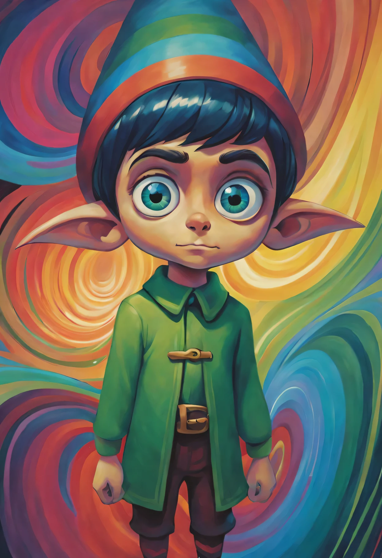 Pixar style, gloomy, negative, twisted, Strange, big eyed elf, portrait,Psychedelic painting in front of colorful swirls