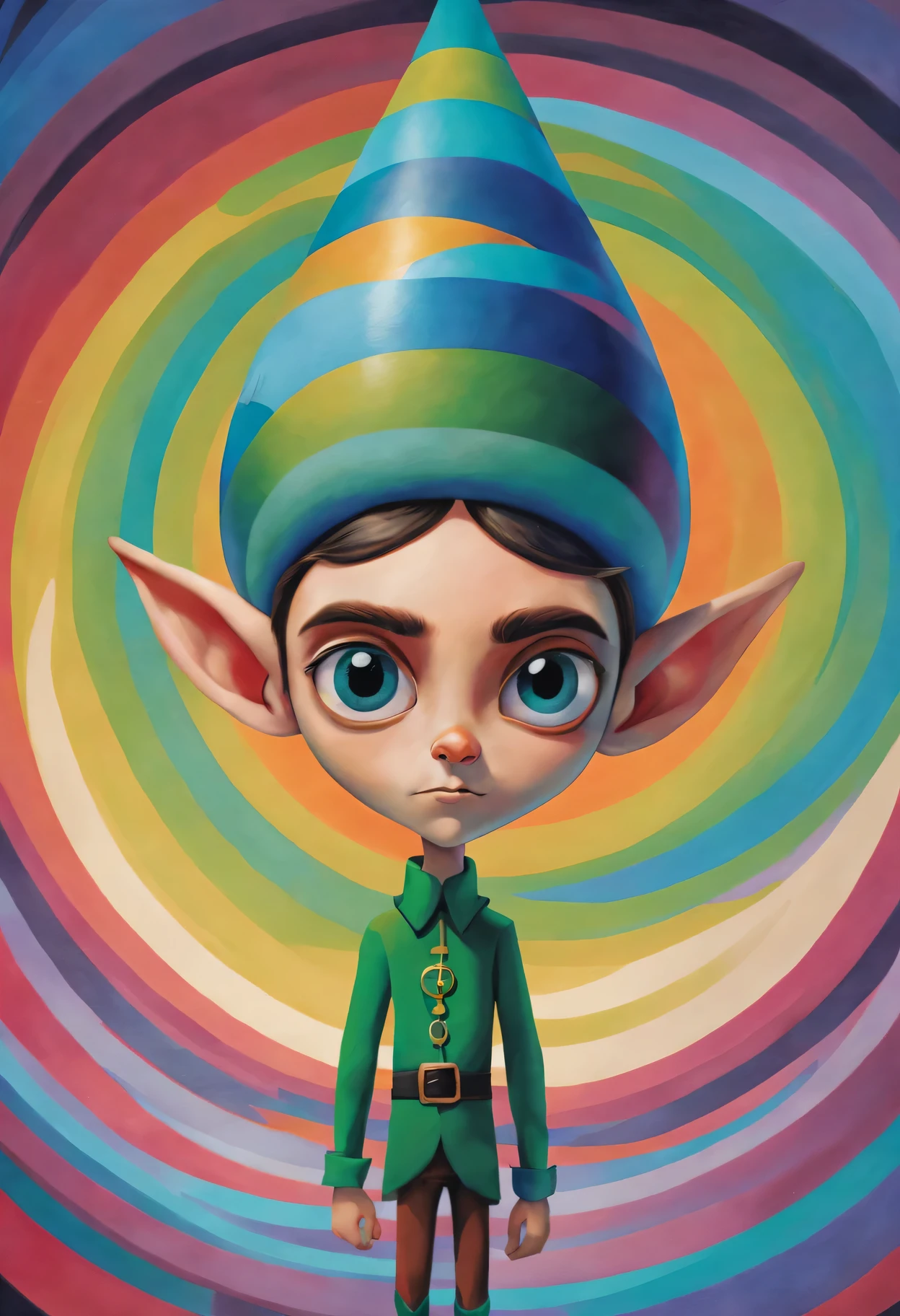 Pixar style, gloomy, negative, twisted, Strange, big eyed elf, portrait，Psychedelic painting in front of colorful swirls