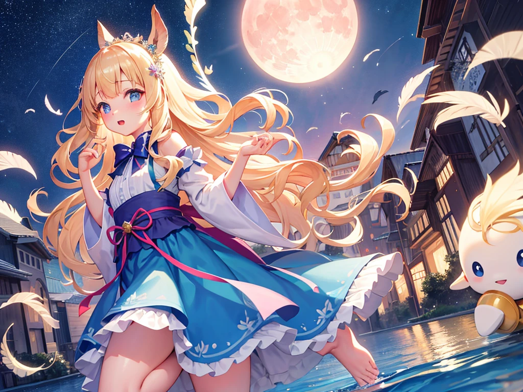photo realistic, photo realistic, photo realistic, (masterpiece,best quality:1.4),(8k,raw photo,photo realistic:1.2),Not Safe for Work, detailed skin,detailed face,1girl,Japanese idol,cute face,Child,petite, Girl Standing On Water、blonde、Wavy Hair、blue eyes、semi-long、mini skirt、白いfrillsパンツ、light blue apron dress、beautiful eyes、Sparkling、Eyes that seem to be sucked in、Standing Girl、one girl、14age、Beautiful scenery、moonlight、A very big moon、Beautiful starry sky、shooting star、high resolution、night view、The Lost City、barefoot、whole body、Scattering Flowers、Hanabubuki、pretty fingers、beautiful feet、small breasts、girl in return、broken town、Fluttering feathers、frills、画面全体がSparkling、Lots of feathers、fantasy、mysterious、