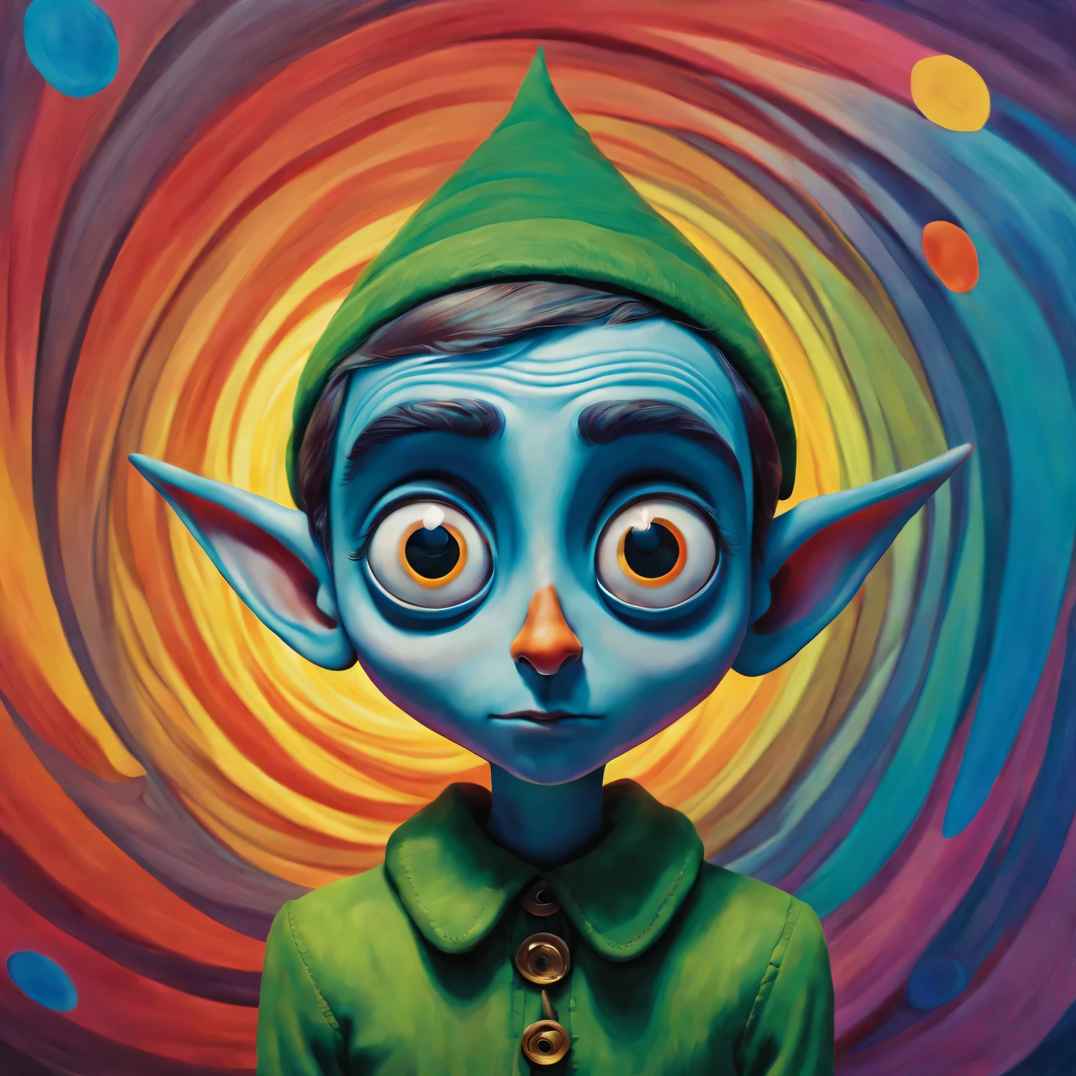 Pixar style, gloomy, negative, twisted, Strange, big eyed elf, portrait，Psychedelic painting in front of colorful swirls