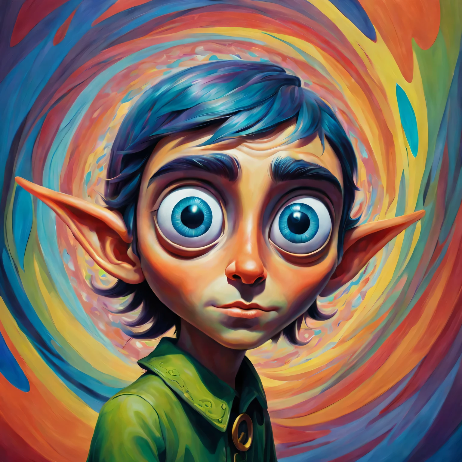 Pixar style, gloomy, negative, twisted, Strange, big eyed elf, portrait,Psychedelic painting in front of colorful swirls
