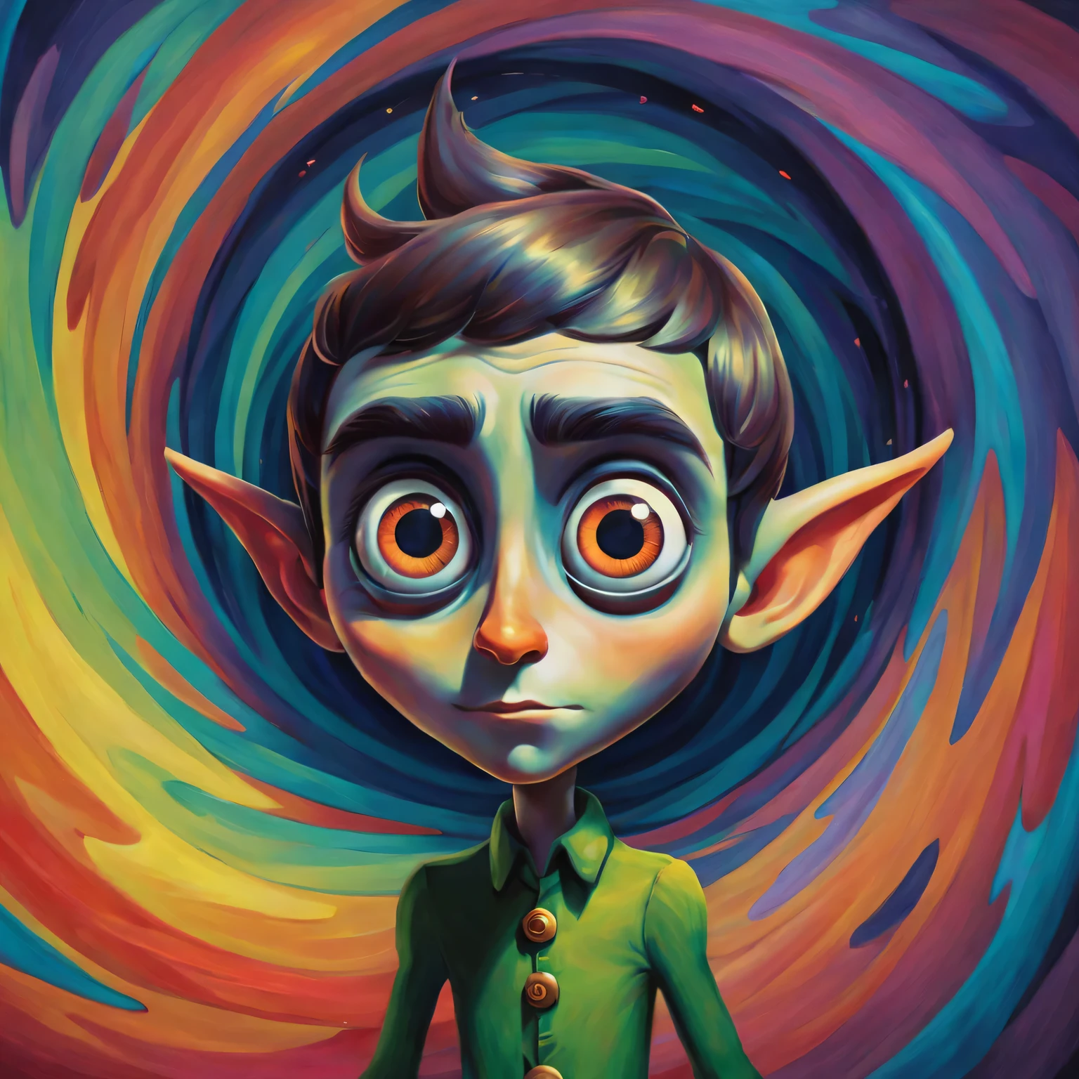 Pixar style, gloomy, negative, twisted, Strange, big eyed elf, portrait，Psychedelic painting in front of colorful swirls