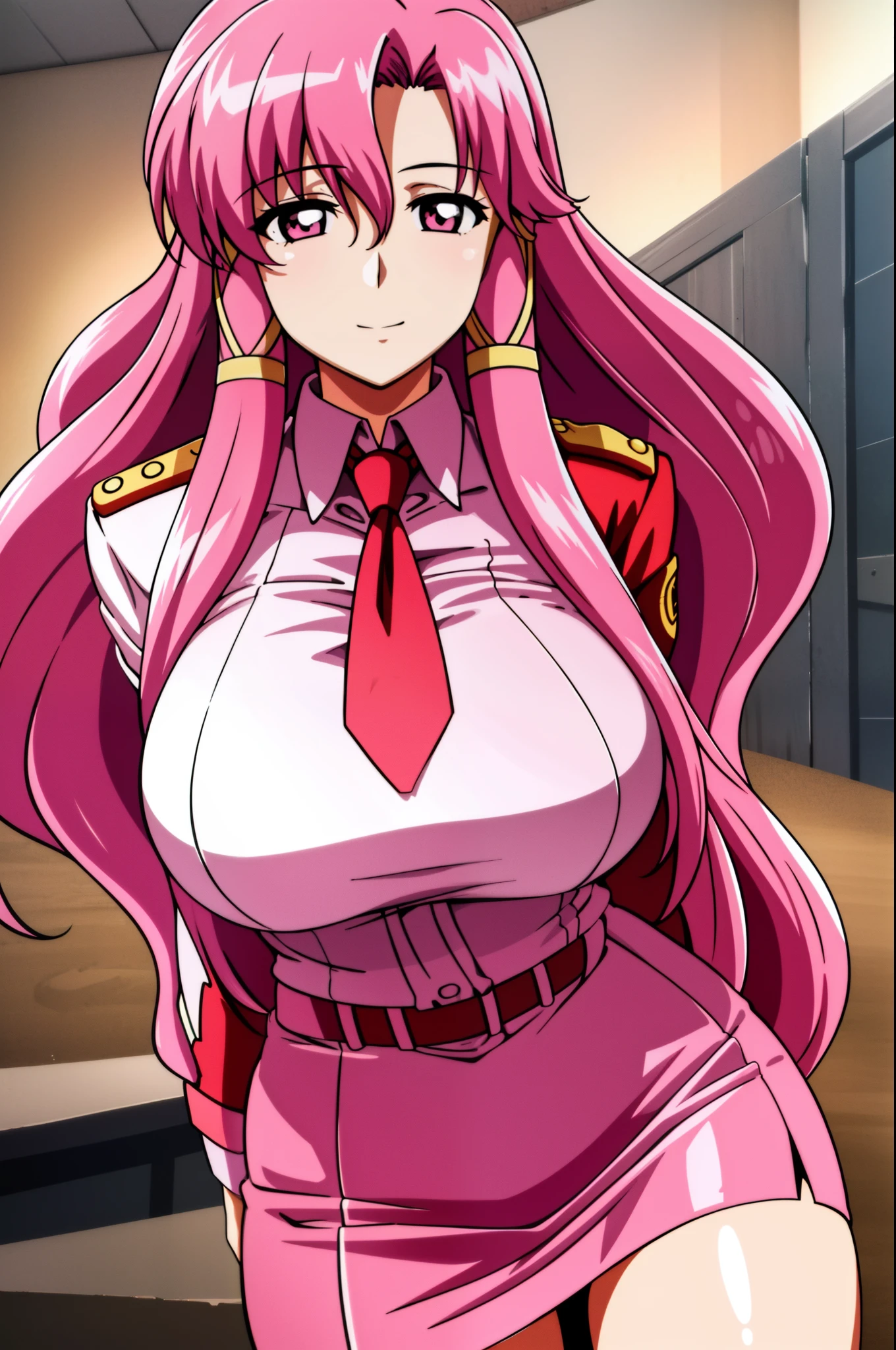 1 girl, pink haire, long haire, pink eyes, sexy body, big breast, HDR, 8K, in the center of image, home, red armband, badge, necktie, german/(military uniform/), short pencil skirt