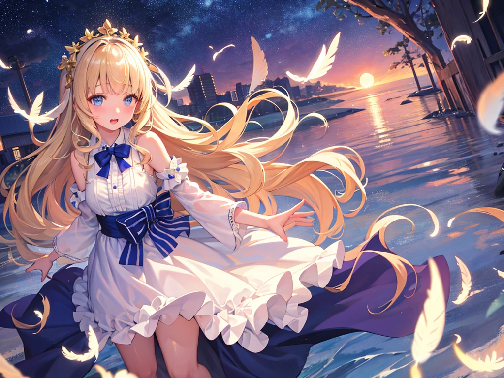 photo realistic, photo realistic, photo realistic, (masterpiece,best quality:1.4),(8k,raw photo,photo realistic:1.2),Not Safe for Work, detailed skin,detailed face,1girl,Japanese idol,cute face,Child,petite, Girl Standing On Water、blonde、Wavy Hair、blue eyes、semi-long、mini skirt、白いfrillsパンツ、lift your skirt、light blue apron dress、beautiful eyes、Sparkling、Eyes that seem to be sucked in、Standing Girl、one girl、14age、Beautiful scenery、moonlight、A very big moon、Beautiful starry sky、shooting star、high resolution、night view、The Lost City、barefoot、whole body、Scattering Flowers、Hanabubuki、pretty fingers、beautiful feet、small breasts、girl in return、broken town、Fluttering feathers、frills、画面全体がSparkling、Lots of feathers、fantasy、mysterious、