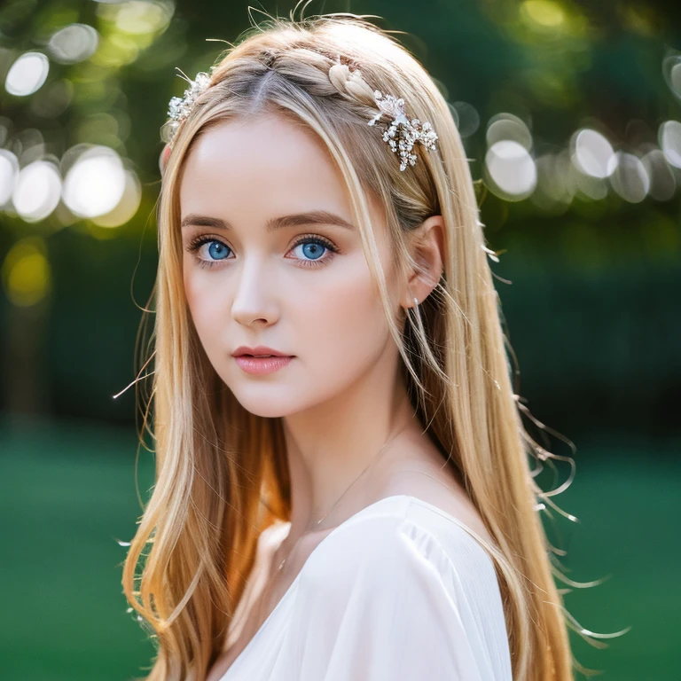 goddess、blonde、blue eyes、white dress、Kathryn Newton