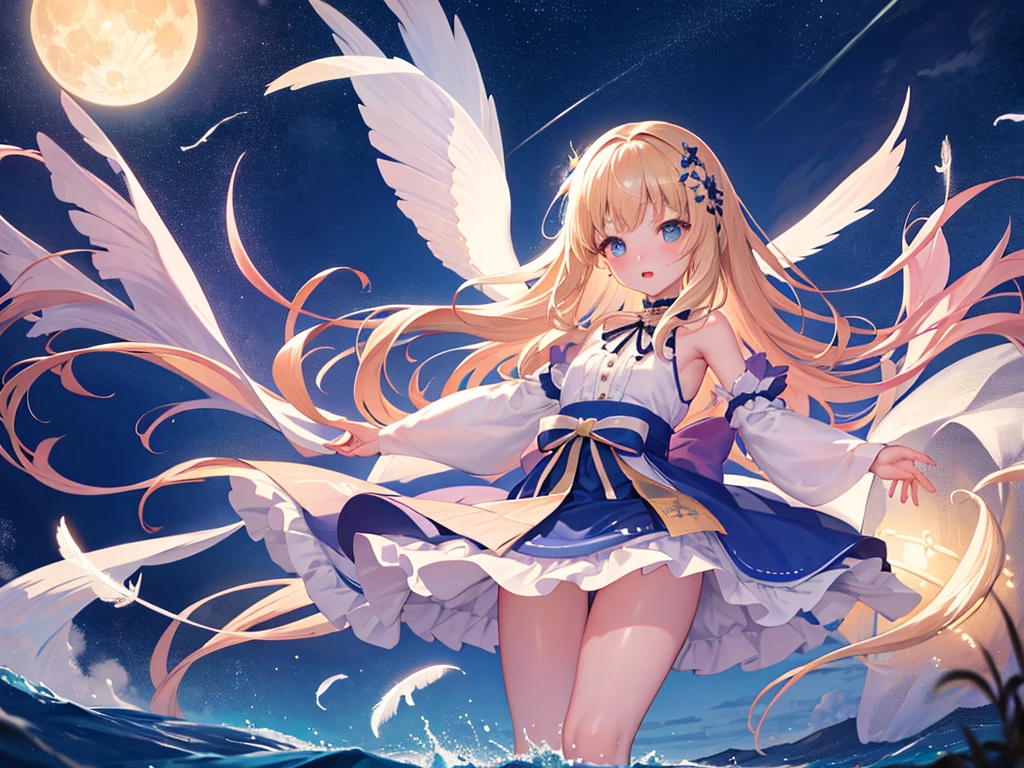 photo realistic, photo realistic, photo realistic, (masterpiece,best quality:1.4),(8k,raw photo,photo realistic:1.2),Not Safe for Work, detailed skin,detailed face,1girl,Japanese idol,cute face,Child,petite, Girl Standing On Water、blonde、Wavy Hair、blue eyes、semi-long、mini skirt、白いfrillsパンツ、lift your skirt、light blue apron dress、beautiful eyes、Sparkling、Eyes that seem to be sucked in、Standing Girl、one girl、１４age、Beautiful scenery、moonlight、A very big moon、Beautiful starry sky、shooting star、high resolution、night view、The Lost City、barefoot、whole body、Scattering Flowers、Hanabubuki、pretty fingers、beautiful feet、small breasts、girl in return、broken town、Fluttering feathers、frills、画面全体がSparkling、Lots of feathers、fantasy、mysterious、upper body up、