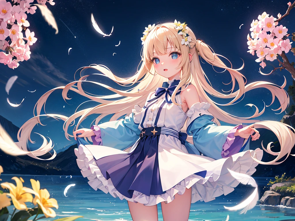 photo realistic, photo realistic, photo realistic, (masterpiece,best quality:1.4),(8k,raw photo,photo realistic:1.2),Not Safe for Work, detailed skin,detailed face,1girl,Japanese idol,cute face,Child,petite, Girl Standing On Water、blonde、Wavy Hair、blue eyes、semi-long、mini skirt、白いfrillsパンツ、lift your skirt、light blue apron dress、beautiful eyes、Sparkling、Eyes that seem to be sucked in、Standing Girl、one girl、14age、Beautiful scenery、moonlight、A very big moon、Beautiful starry sky、shooting star、high resolution、night view、The Lost City、barefoot、whole body、Scattering Flowers、Hanabubuki、pretty fingers、beautiful feet、small breasts、girl in return、broken town、Fluttering feathers、frills、画面全体がSparkling、Lots of feathers、fantasy、mysterious、upper body up、