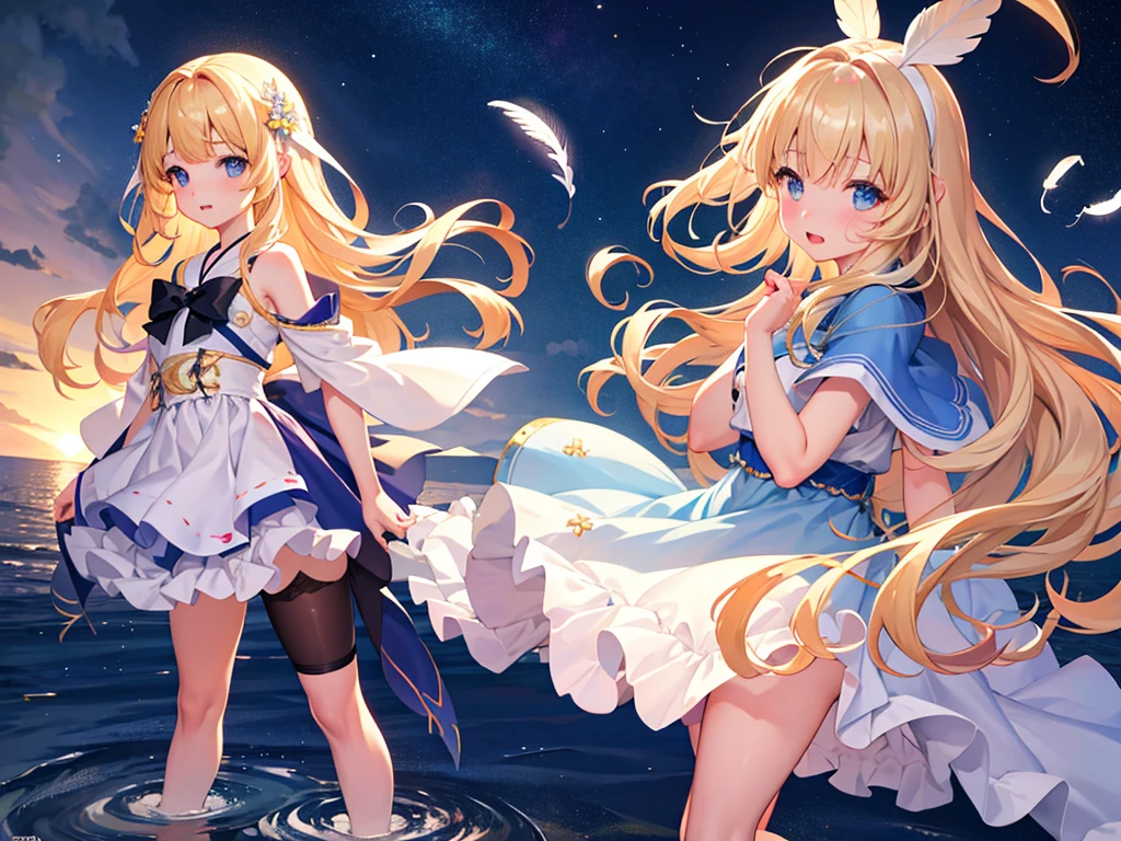photo realistic, photo realistic, photo realistic, (masterpiece,best quality:1.4),(8k,raw photo,photo realistic:1.2),Not Safe for Work, detailed skin,detailed face,1girl,Japanese idol,cute face,Child,petite, Girl Standing On Water、blonde、Wavy Hair、blue eyes、semi-long、mini skirt、白いfrillsパンツ、lift your skirt、light blue apron dress、beautiful eyes、Sparkling、Eyes that seem to be sucked in、Standing Girl、one girl、14age、Beautiful scenery、moonlight、A very big moon、Beautiful starry sky、shooting star、high resolution、night view、The Lost City、barefoot、whole body、Scattering Flowers、Hanabubuki、pretty fingers、beautiful feet、small breasts、girl in return、broken town、Fluttering feathers、frills、画面全体がSparkling、Lots of feathers、fantasy、mysterious、upper body up、