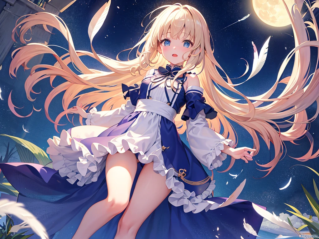photo realistic, photo realistic, photo realistic, (masterpiece,best quality:1.4),(8k,raw photo,photo realistic:1.2),Not Safe for Work, detailed skin,detailed face,1girl,Japanese idol,cute face,Child,petite, Girl Standing On Water、blonde、Wavy Hair、blue eyes、semi-long、mini skirt、白いfrillsパンツ、lift your skirt、light blue apron dress、beautiful eyes、Sparkling、Eyes that seem to be sucked in、Standing Girl、one girl、１４age、Beautiful scenery、moonlight、A very big moon、Beautiful starry sky、shooting star、high resolution、night view、The Lost City、barefoot、whole body、Scattering Flowers、Hanabubuki、pretty fingers、beautiful feet、small breasts、girl in return、broken town、Fluttering feathers、frills、画面全体がSparkling、Lots of feathers、fantasy、mysterious、upper body up、