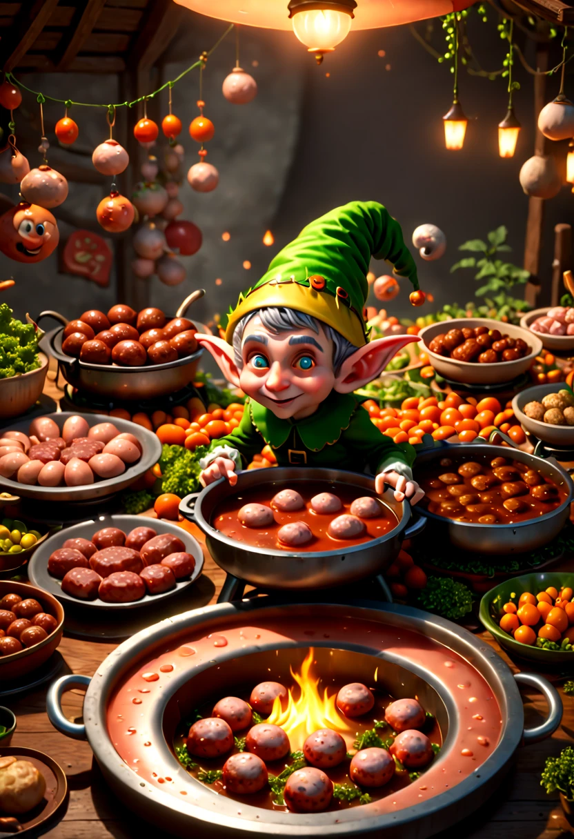 a cute Elf, a big hot pot, sausages, meatballs, vegetables, Spring Festival, warm, movie light, octane render, (best quality, masterpiece, Representative work, official art, Professional, 8k:1.3)