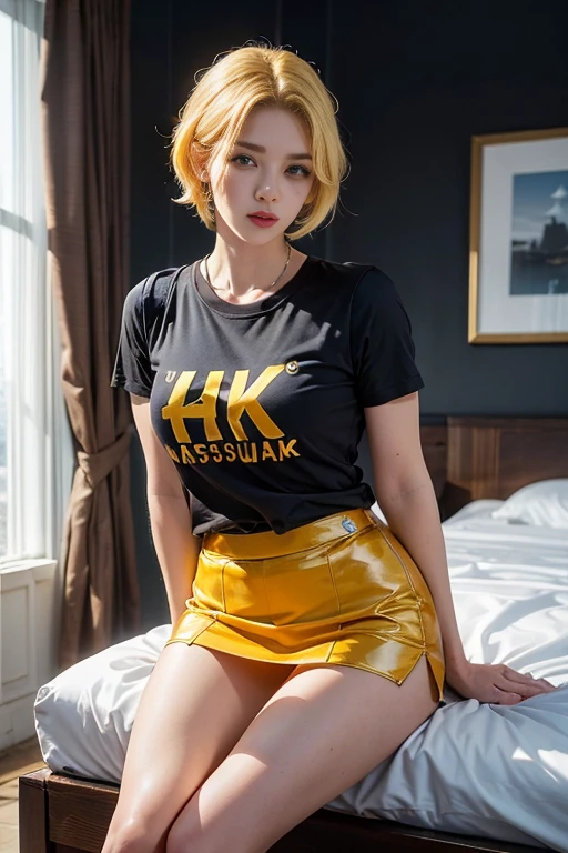 ((Masseter muscle part)), ((highest quality)), (super detail), ((high detail)), 4K, (8K), best image quality, (beautiful feces), realistic pictures, absurd, Dating style, yellow hair、short hair、earrings、black t-shirt, black mini skirt, Satisfied look, Natural beautiful light, Pretty beautiful woman、hotel room、looking at the viewer