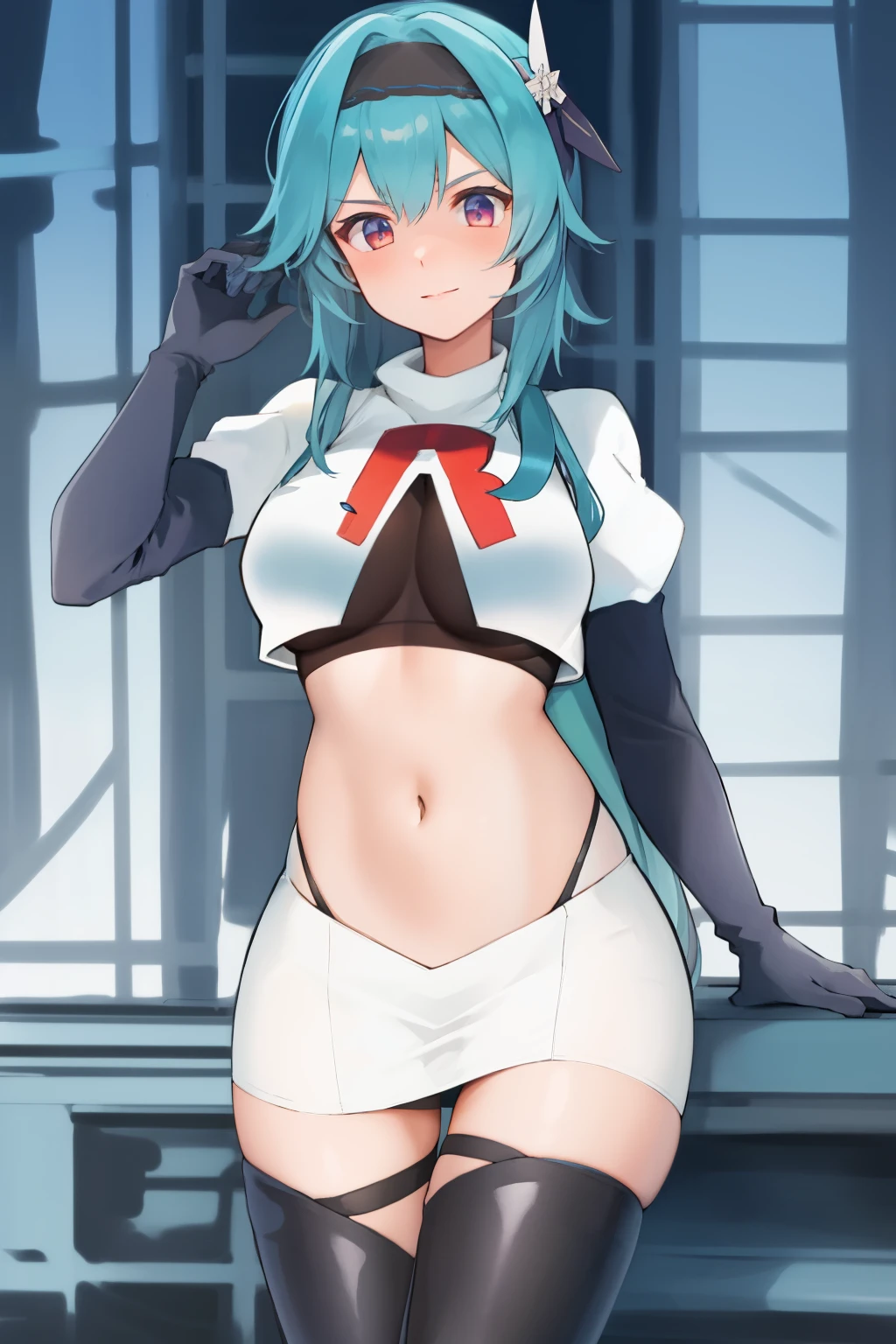 1girl, solo, euladef, large breasts, thighs, team rocket,team rocket uniform,white skirt,red letter R,crop top,black thigh-highs,black elbow gloves,