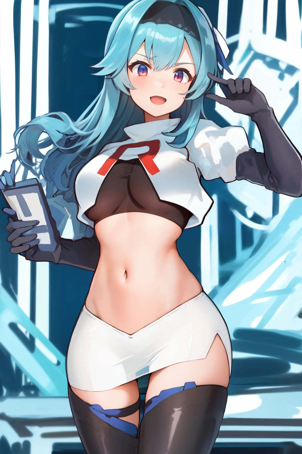 1girl, solo, euladef, large breasts, thighs, team rocket,team rocket uniform,white skirt,red letter R,crop top,black thigh-highs,black elbow gloves,