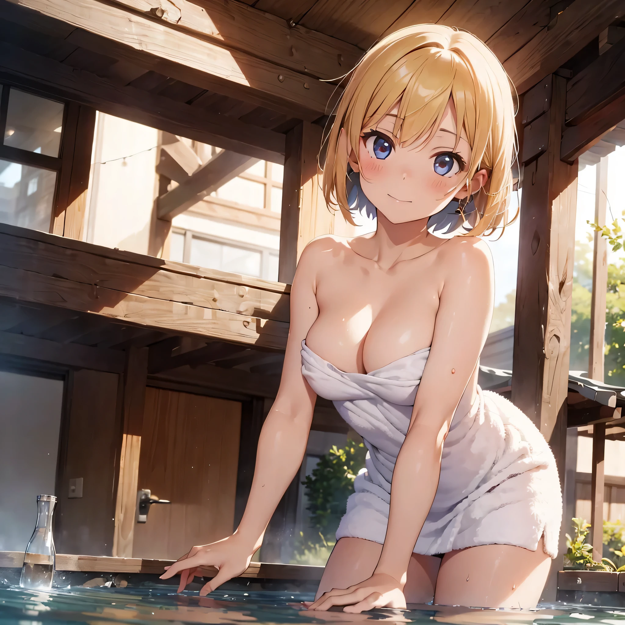 (masterpiece:2.0), (highest quality:2.0), (Leaning forward naked in a hot spring:1.5), (White tube top extra short towel:1.5), (super sexy pose:1.5), (look up from below:1.5), (perfectly exposed shoulders:1.5), (perfectly exposed nape:1.5), (blushing face:1.5), (cover your crotch with your hands:1.5), (cover your chest with your hands:1.5), (spilling breasts:1.5), (realistic:1.5), 1 , very cute girl, ision small hands, You look embarrassed when you look at me, light smile, innocent face, young face, clear eyes, shining eyes, small breasts, I can see the side boob, I can see your shoulders, I can see the cleavage, no pubic hair, dynamic posing, beautiful skin, Super fine, highest resolution, Japanese high school student, golden hair