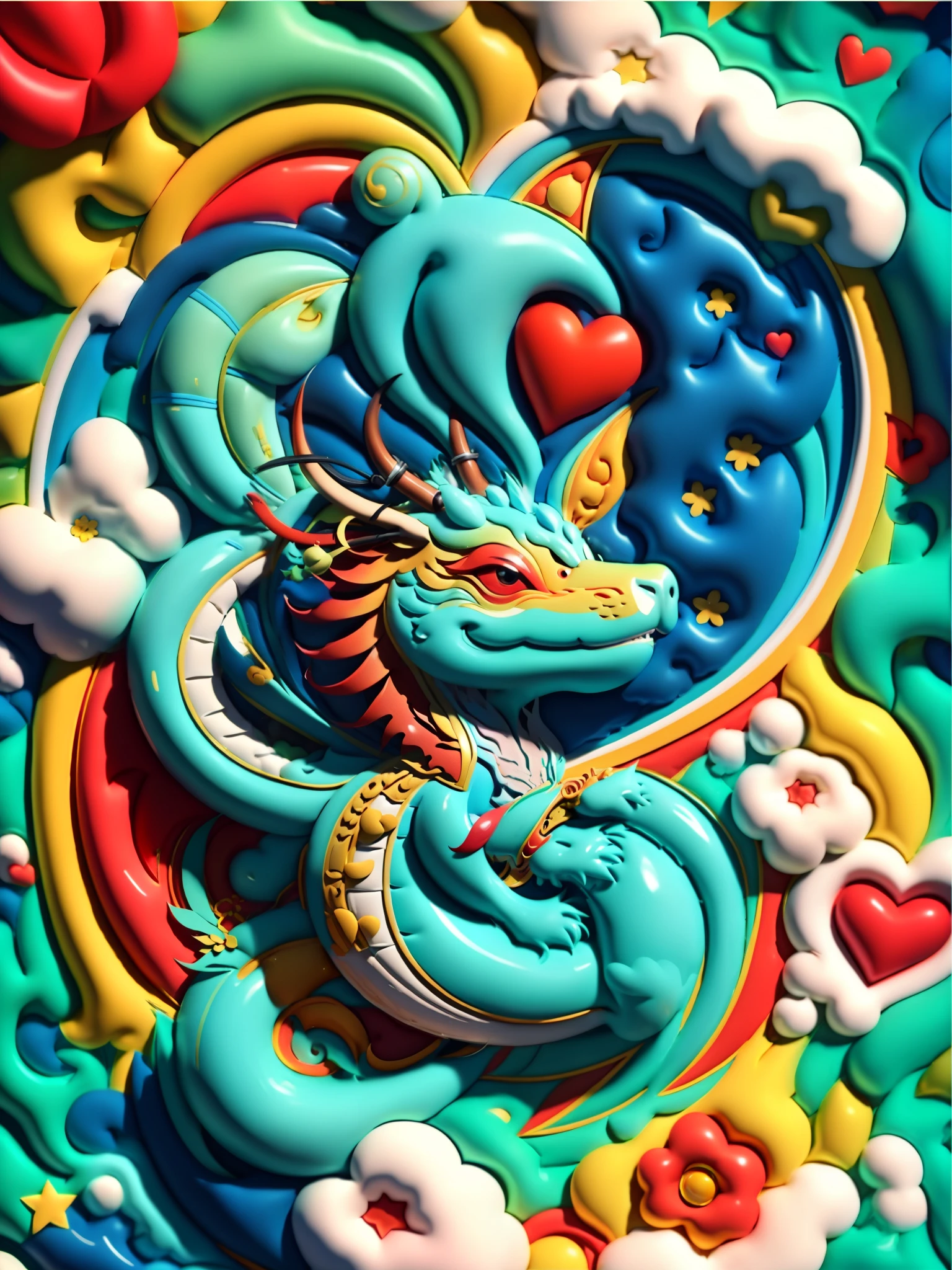 （happy new year poster design），（Close-up of cute Chinese dragon），many hearts and clouds， （（2024) ） ,，colorful