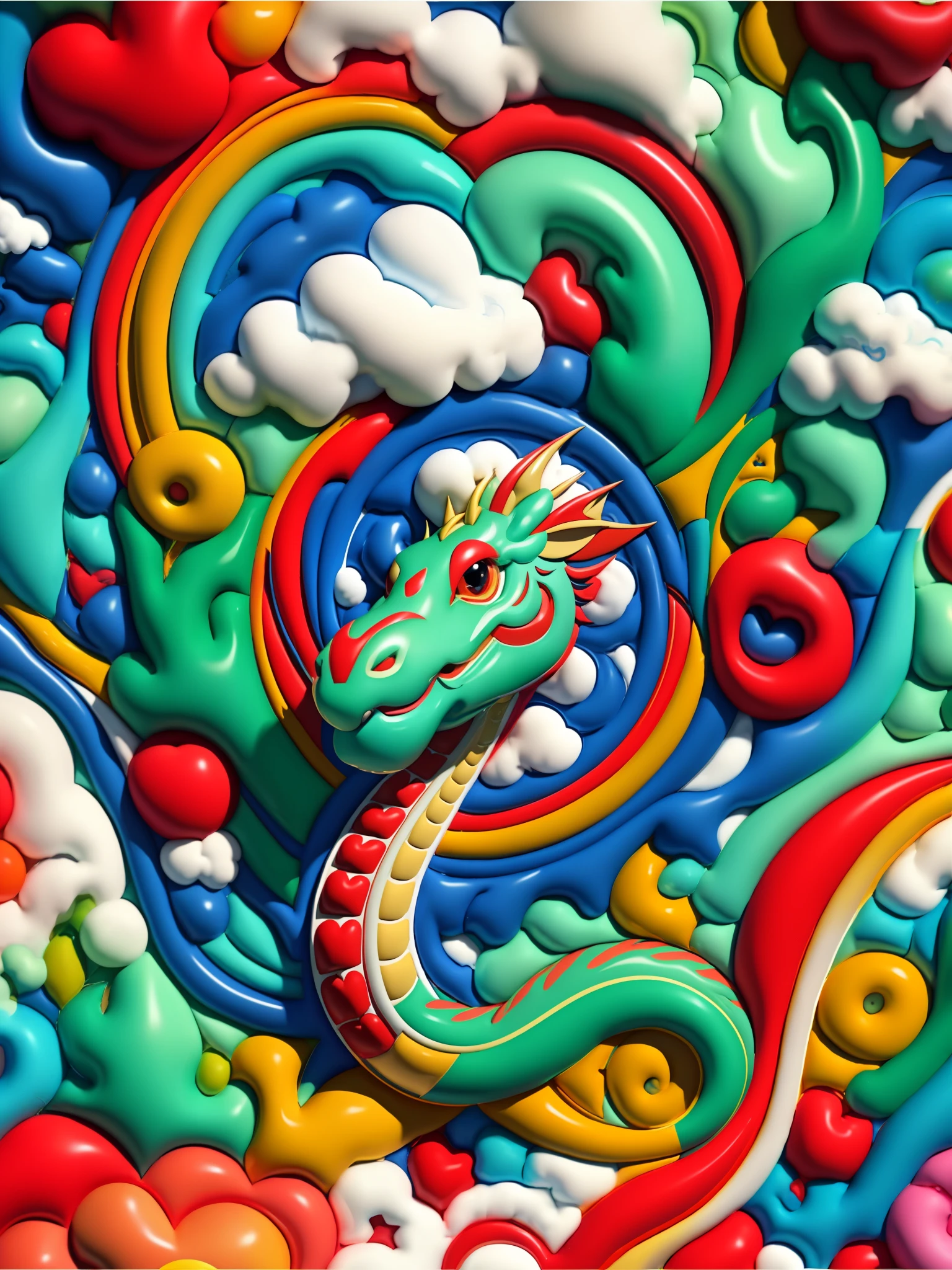 （happy new year poster design），（Close-up of a Chinese dragon），many hearts and clouds， （（2024) ） ,，colorful