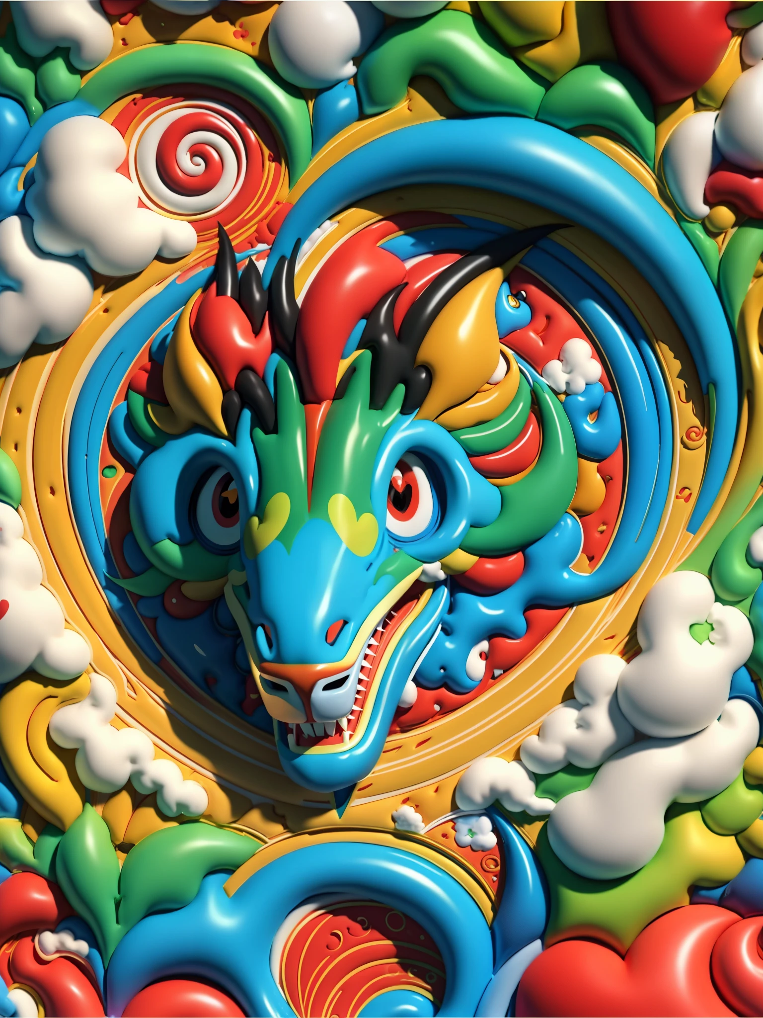 （happy new year poster design），（Close-up of a Chinese dragon），many hearts and clouds， （（2024) ） ,，colorful