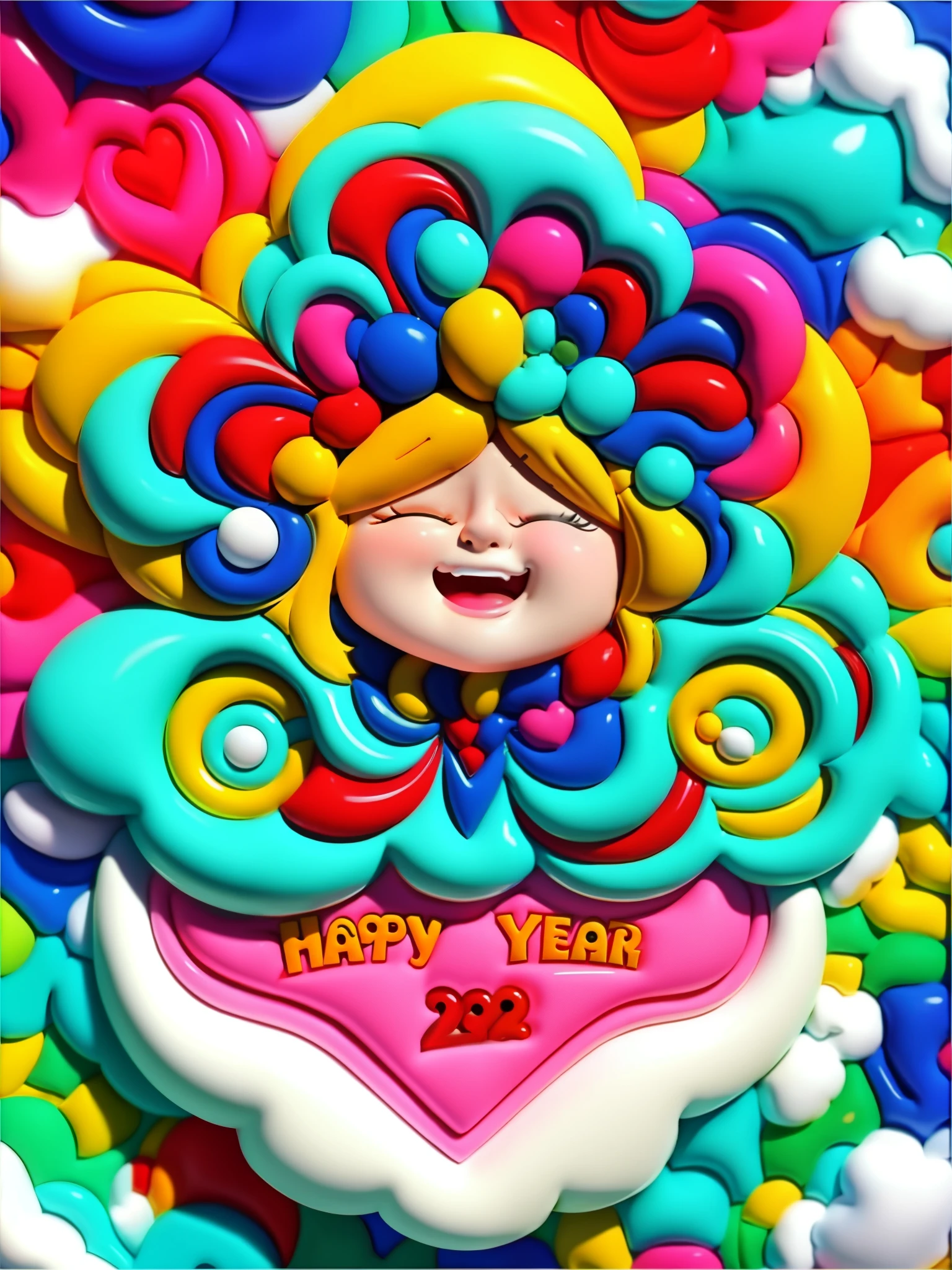 （happy new year poster design），（Cute laughing boy and girl），many hearts and clouds， （（2024) ） ,，colorful