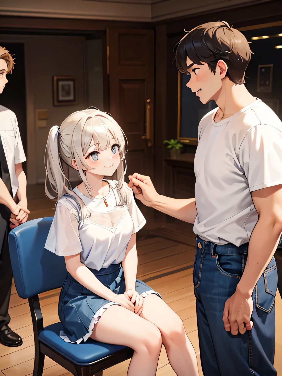 1,This is a one-on-one handshake event.
2,The woman turns to the man and shakes his hand..
3,woman is sitting on a chair.
4,They are shaking hands across the desk..
5,Her face is turned upwards and she is talking to the other person.. (Man stands.)
6,woman is bored, But she&#39;s wearing her own clothes, Mainly frill skirts.
7,The woman has the best smile.
8,The men are dressed casually, Mainly T-shirts and denim, And also smiling.
9,The place is a small handshake venue., Surrounded by white walls and pure white interior.
