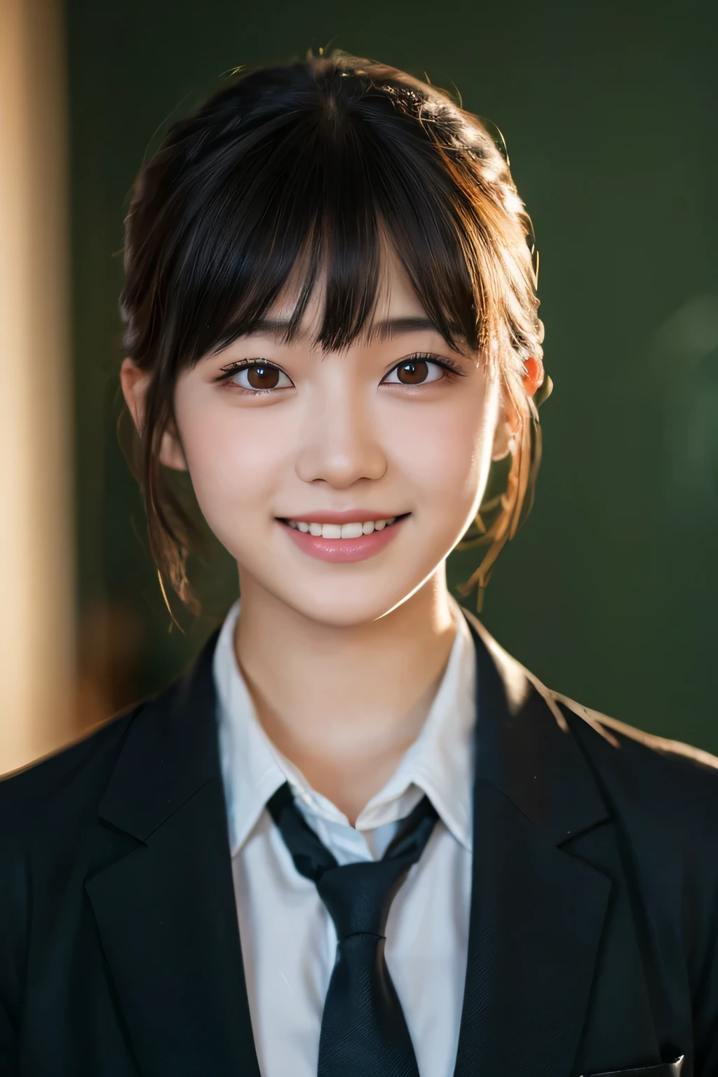 (highest quality,8K quality,masterpiece:1.3),(ultra high resolution,Photoreal:1.4,RAW photo),(Super detailed,caustics,detailed background),(ultra-realistic capture,Beautifully detailed skin,perfect anatomy),(dark room:1.2),(After school classroom),18-year-old,cute,single eyelid,black short bob,School Blazer Uniform,look at the camera,laughter,bust up shot,Backlight,cinematic lighting