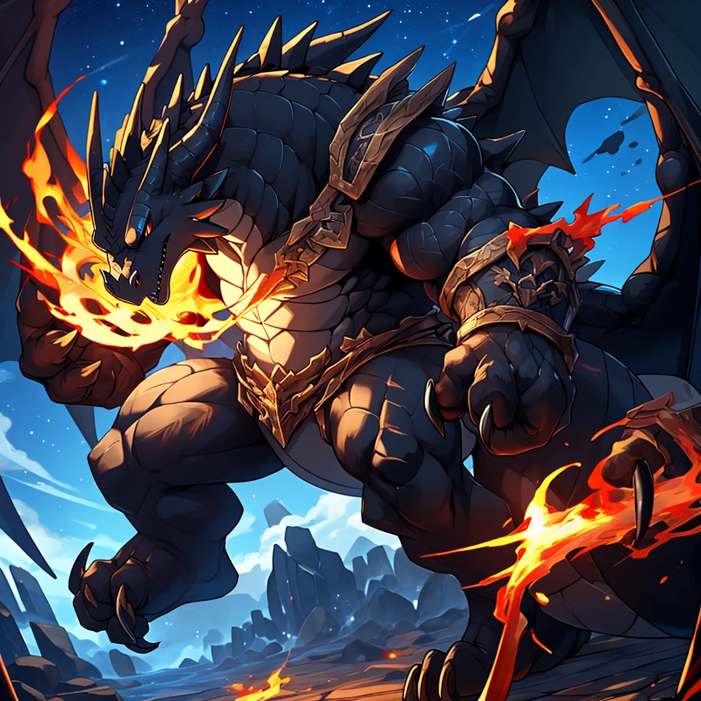 (The violent and powerful Black Dragon King,Wearing modern black and gold armor:100),(Broad dragon body,majestic wingspan,Sharp dragon claws,thick dragon tail,The huge black dragon king,Huge dragon clawloodthirsty beast:2),Strong build,(blue dragon flame:2),blood moon,Bend your legull body picture,Very detailed,4K HD
