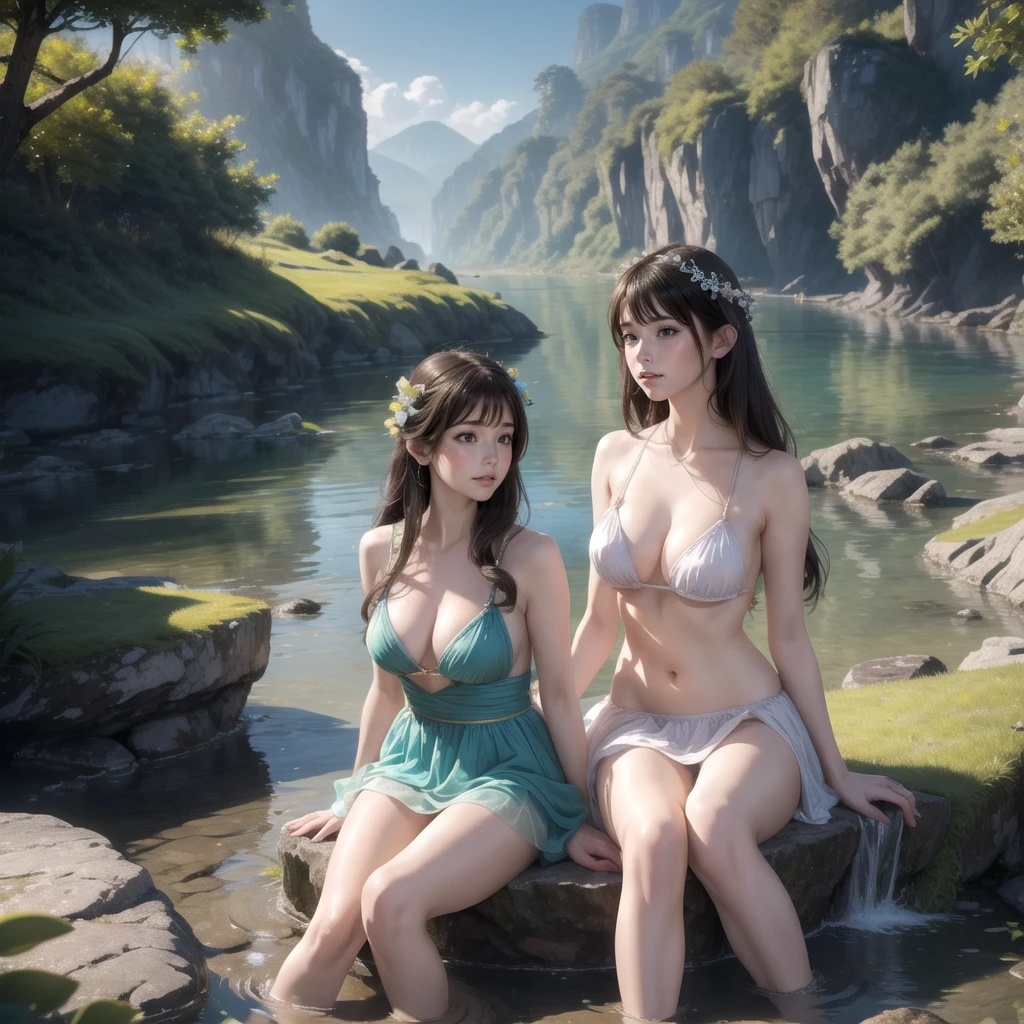 (best quality, highres, realistic:1.37), beautiful nymph sitting by the river, wet with water, smiling cheerfully, 3 females, playfully interacting with each other, splashing water, clothes that are slightly see-through, swimwear with flowing designs, minimal skin exposure, a gentle flowing stream, bright sunshine, sparkling river, transparent flowing water, exquisite depiction of scenery and characters, evenly distributing the description of landscape and characters.