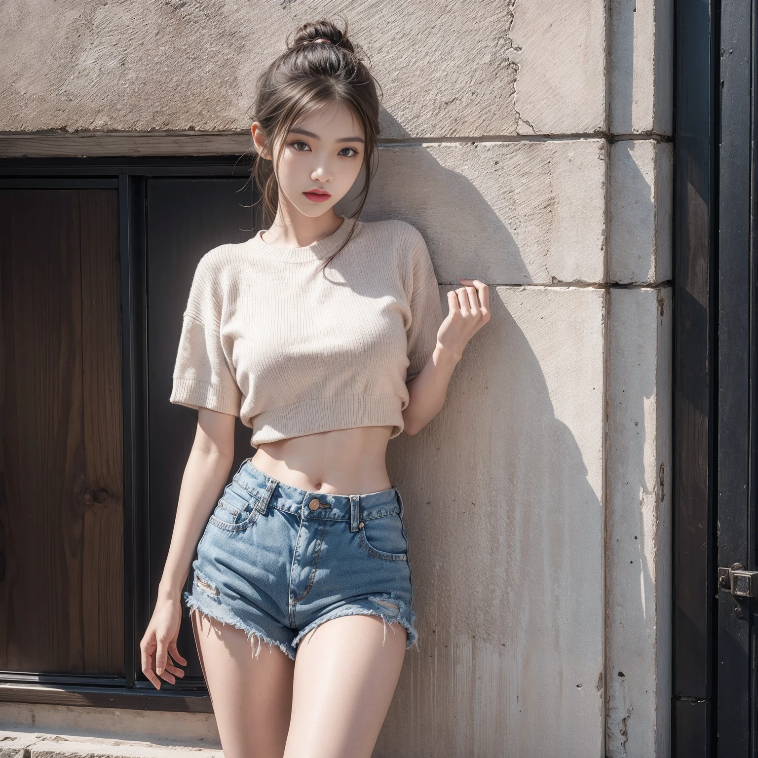 arafed woman in a white sweater and denim shorts leaning on a wall, gorgeous young korean woman, beautiful south korean woman, photo of slim girl model, beautiful young korean woman, korean women's fashion model, korean girl, skinny waist and thick hips, korean woman, beautiful girl model, thin waist, photo of slim girl, beautiful model girl