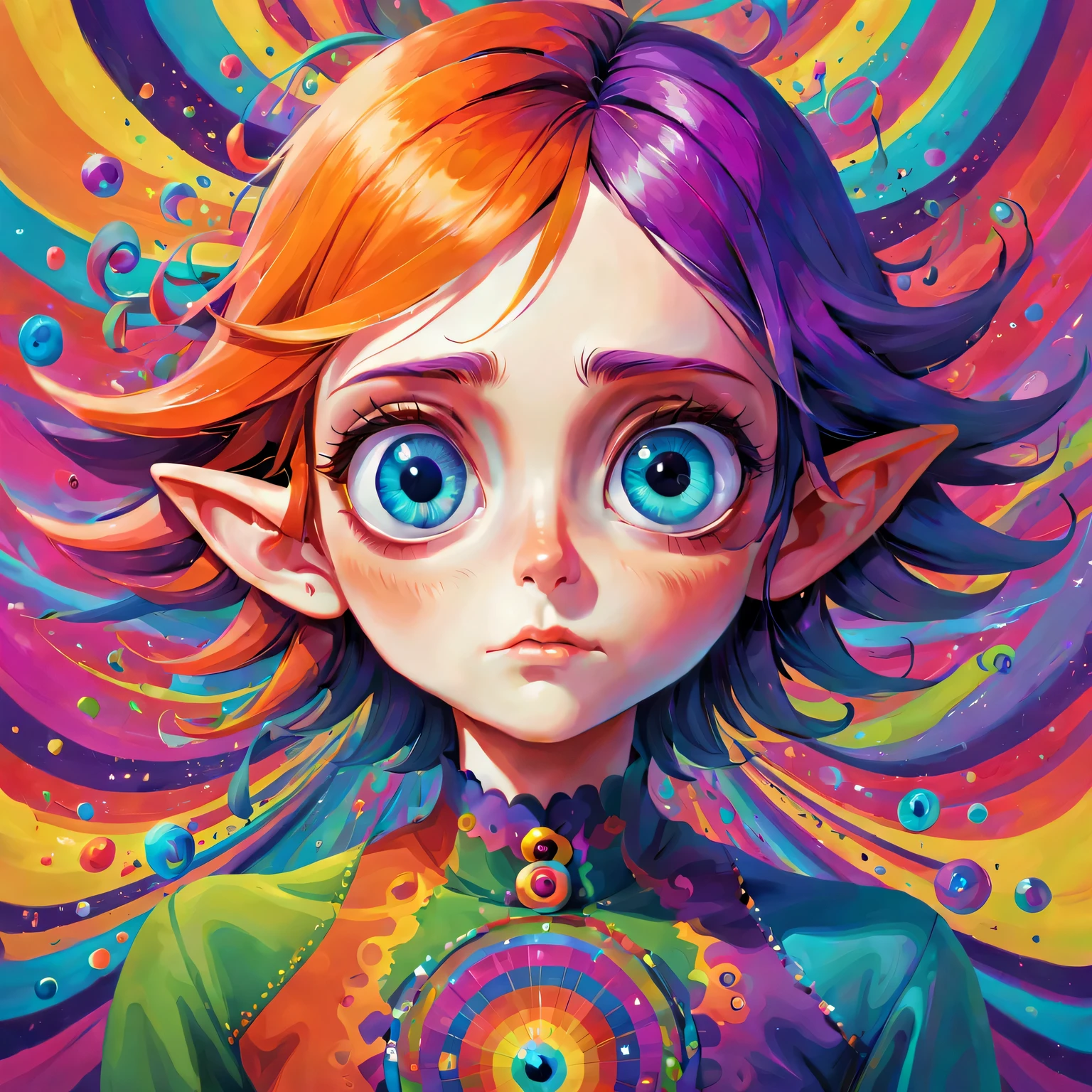 Pixar style, gloomy, negative, twisted, Strange, big eyed elf, portrait，Psychedelic painting in front of colorful swirls