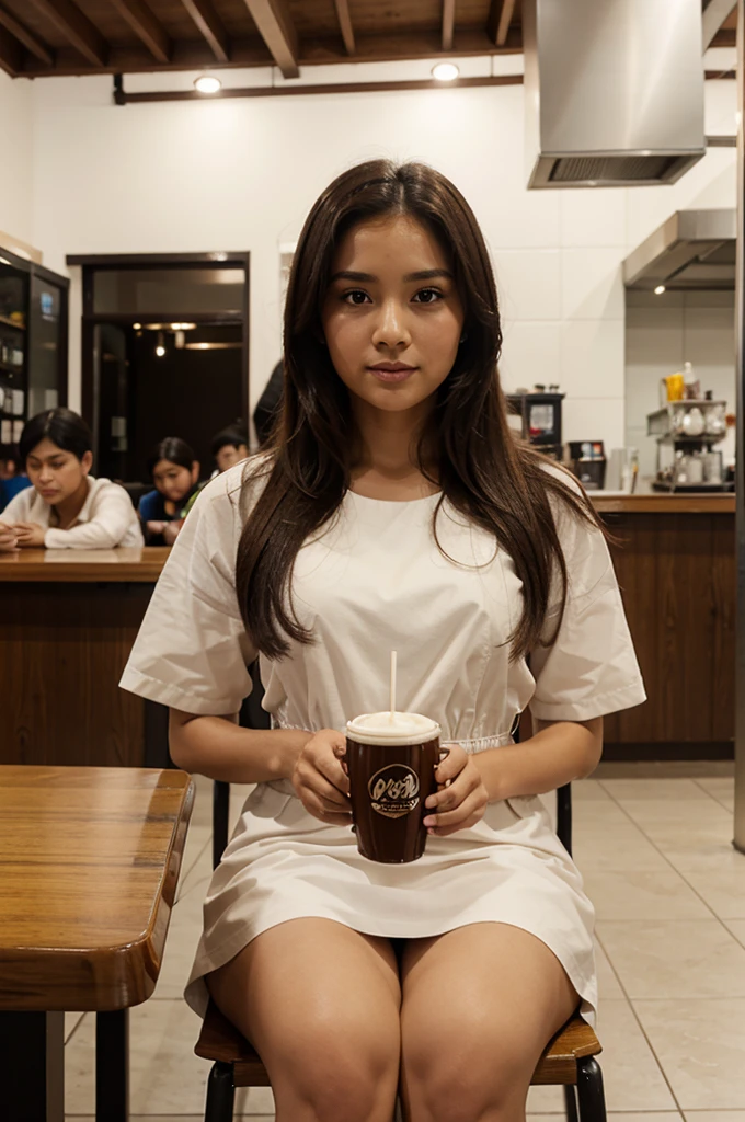 a morena woman wearing an cute dress sits at a table. In front of her, there is a delectable chocolate cake and a soothing cup of milk tea. Observe the bustling background, filled with other cafe patrons engrossed in their meals and conversations.