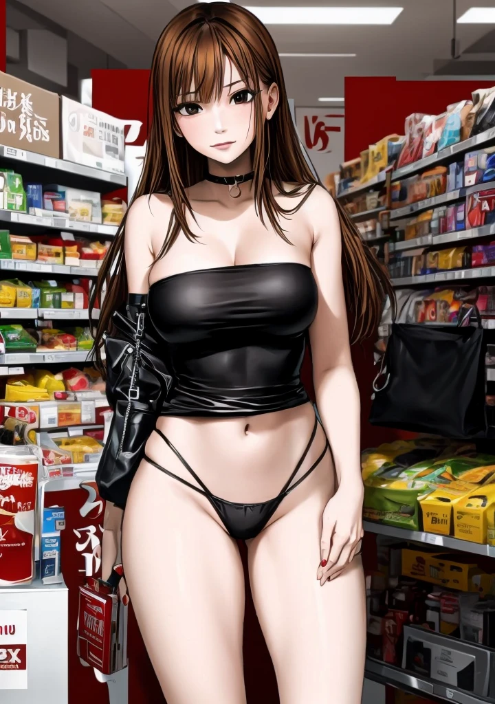 A beautiful adult woman with shoulder-length big breasts, beautiful legs, and a sharp face is wearing a black navel-baring tube top and black panty-like hot pants, with her butt facing me from behind, in a supermarket. standing。