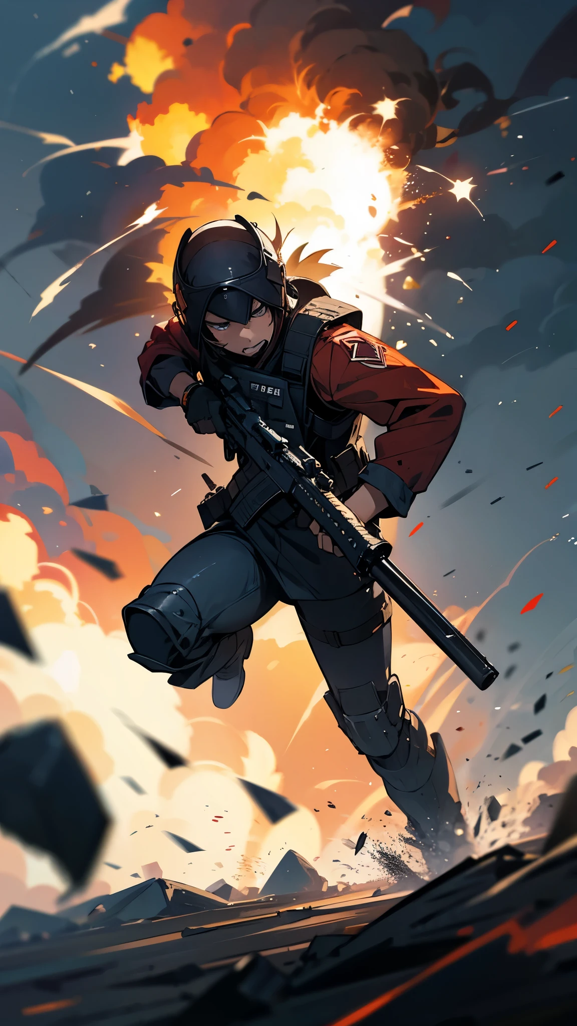 Battlefield, explosions, war, background soldiers, a soldier running and holding gun 