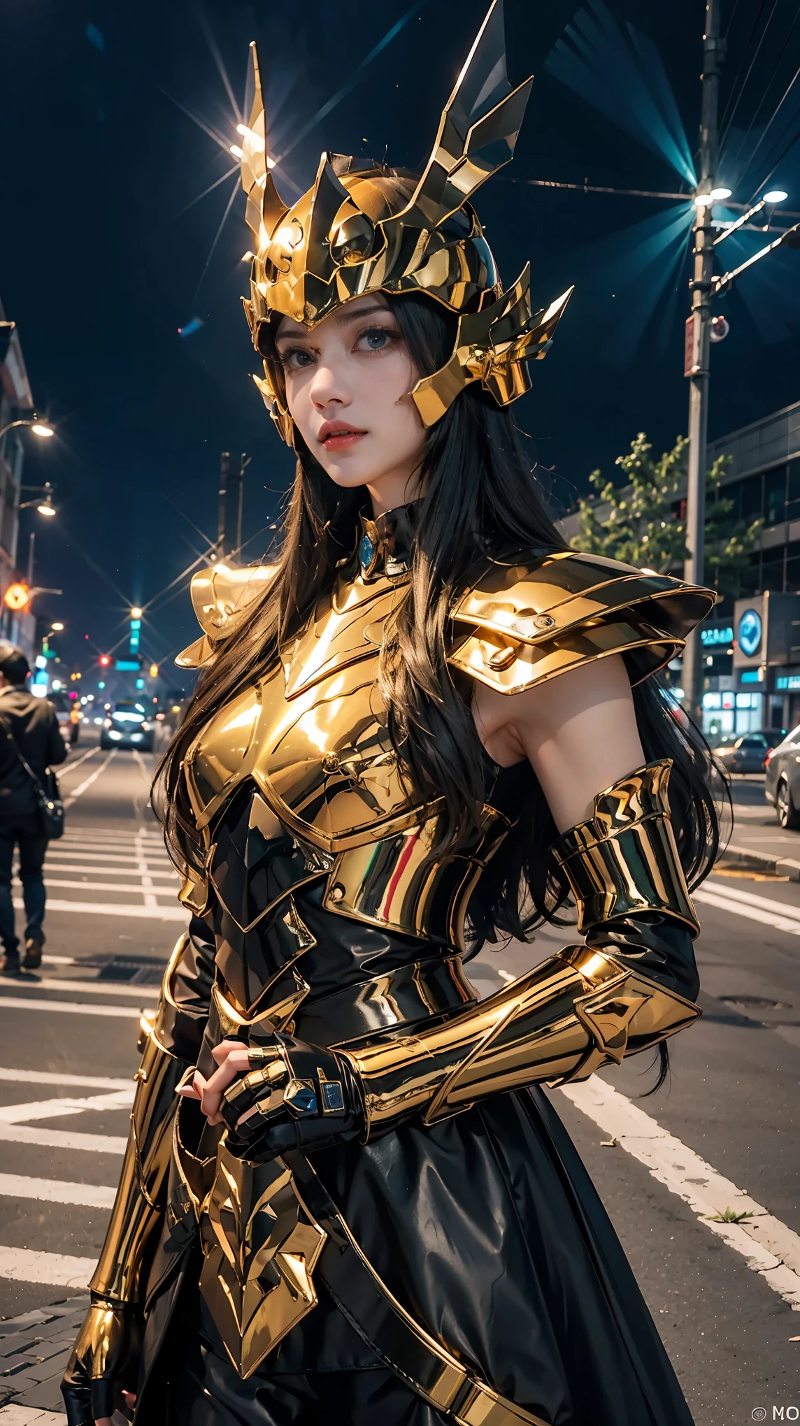 realistically， masterpiece， best quality， high resolution, 1 girl，  a perfect face， looking at the audience， Transparent vinyl that adheres to skin， very long black hair， green eyes， pale skin， Pisces， 金色armor与白色部件， armor， ((helmet))， line art， low pitch， sharp focus， Octane renderer，(street frontage，facing the audience:1.2)