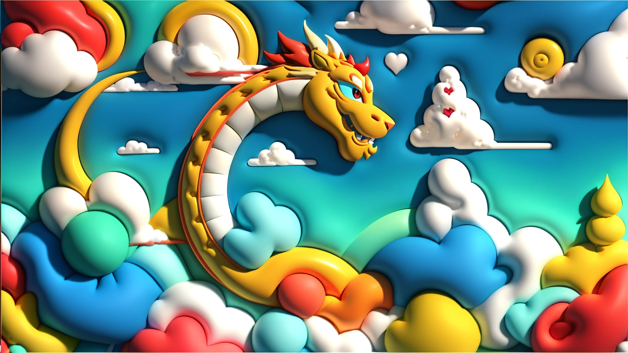 （happy new year），（Chinese dragon），many hearts and clouds ,，colorful