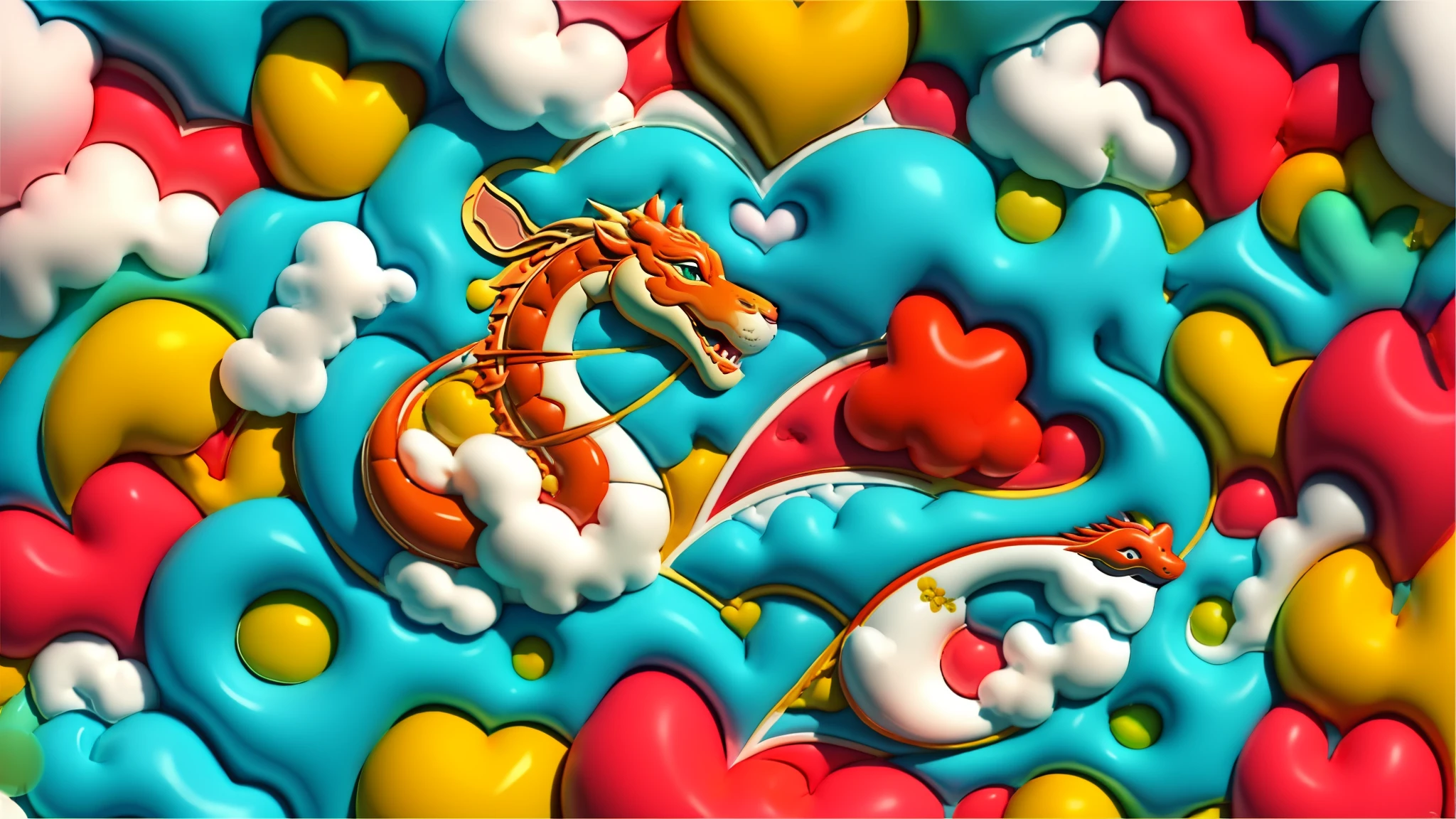 （happy new year），（Chinese dragon），many hearts and clouds ,，colorful