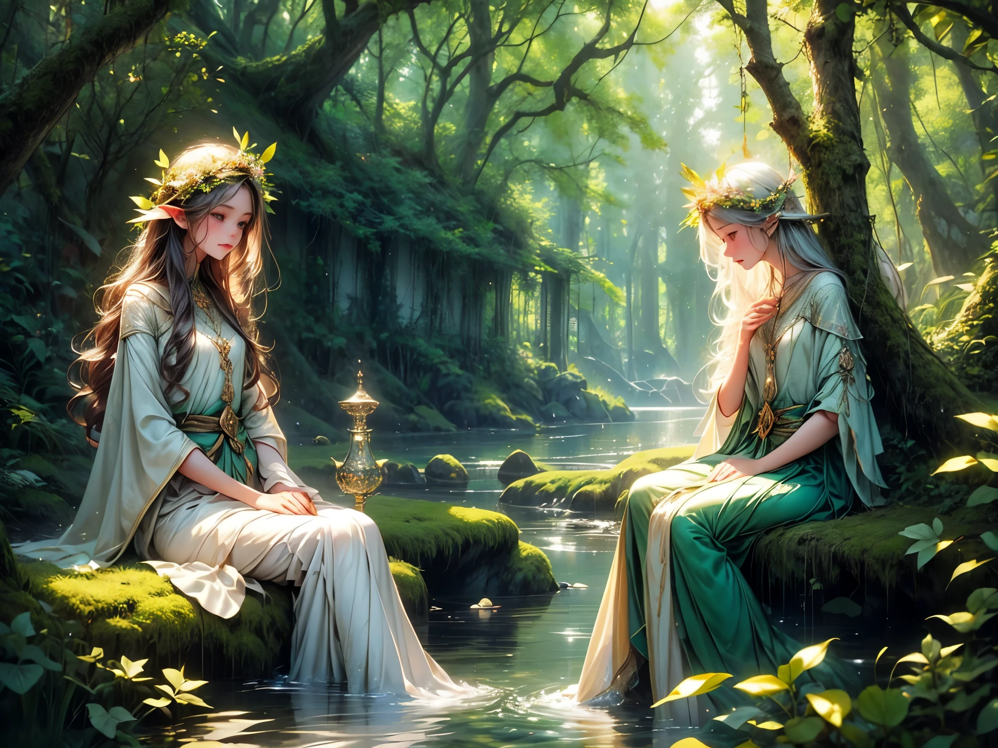 elf portraits,****,elf girls sitting by the lake,drink water,(best quality,4k,8k,highres,masterpiece:1.2),ultra-detailed,(realistic,photorealistic,photo-realistic:1.37),oil painting,fantasy,green foliage,sunlight filtering through trees,dappled light on the girls' skin,sparkling water,ethereal atmosphere,magical ambience,fine brush strokes,vibrant colors,emerald green and turquoise,hint of gold,soft lighting,peaceful expressions,innocent smiles,cascading hair,pointed ears,fairy-like wings,twinkling eyes,freshwater lake reflection,serene surroundings,tranquil silence,harmonious composition,subtle movement in the water,reflection of the girls in the water,delicate ripples,whispering whispers of nature,moss-covered rocks,soft breeze,gentle sounds of nature,subtle presence of other mythical creatures,hidden among the trees,blending with the forest,feeling of enchantment,little details on the girls' clothing,delicate embroidery,flower crowns,tranquility and beauty combined,immersive experience.