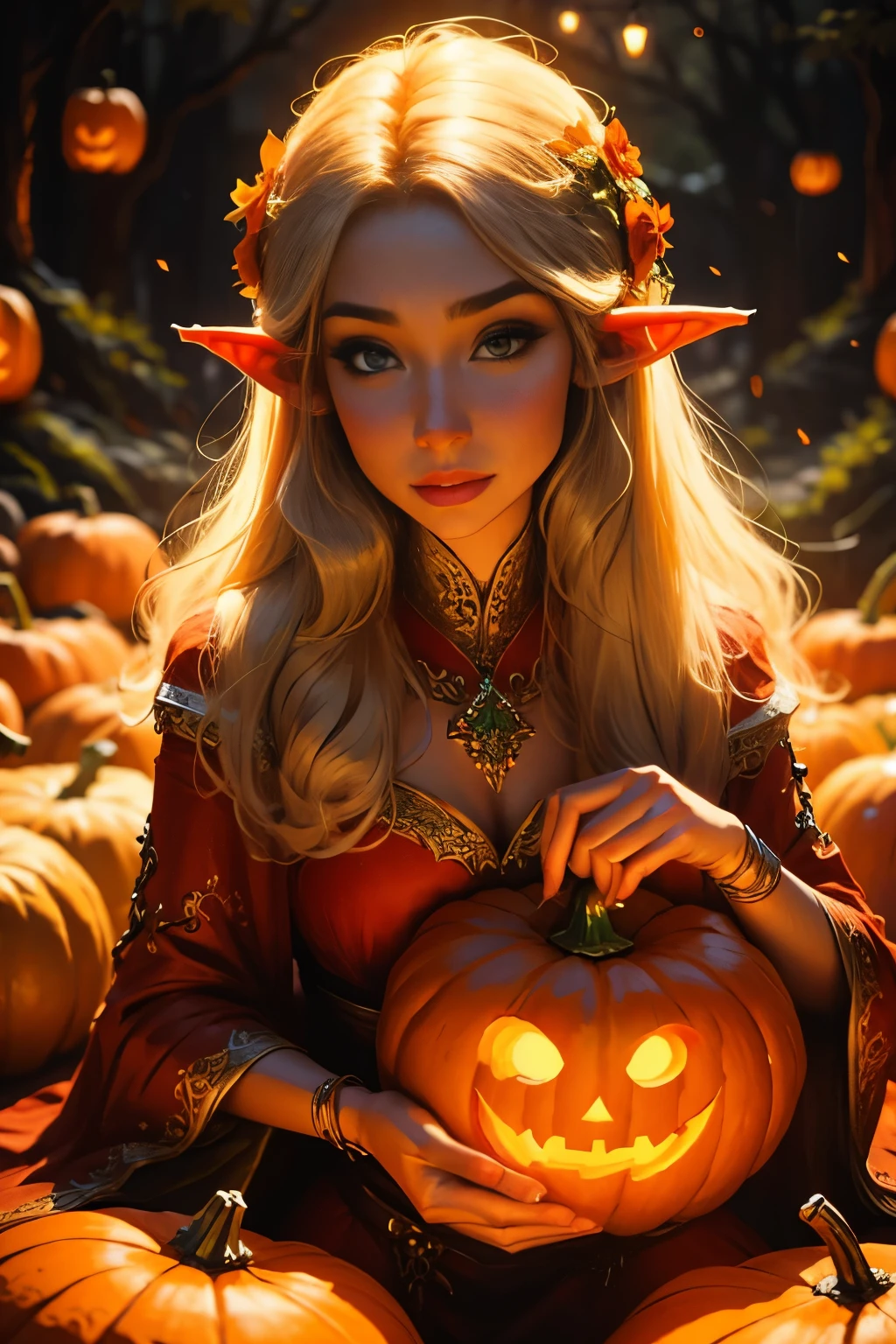 Beautiful elf holding a pumpkin lantern