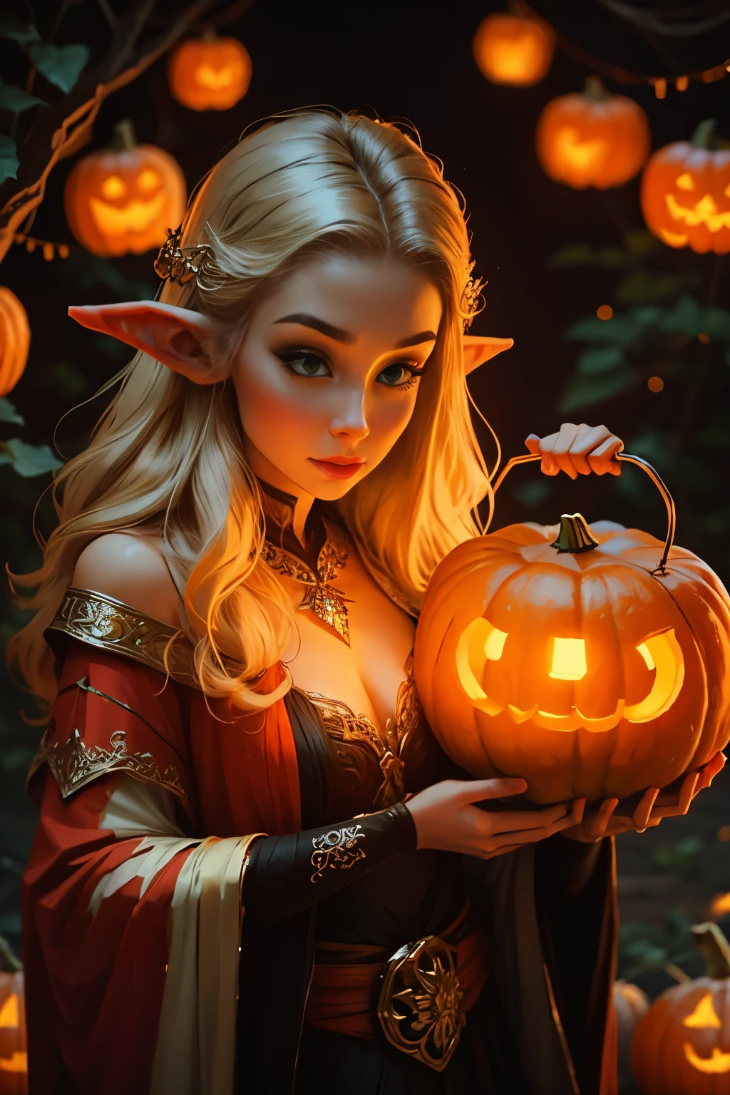 Beautiful elf holding a pumpkin lantern