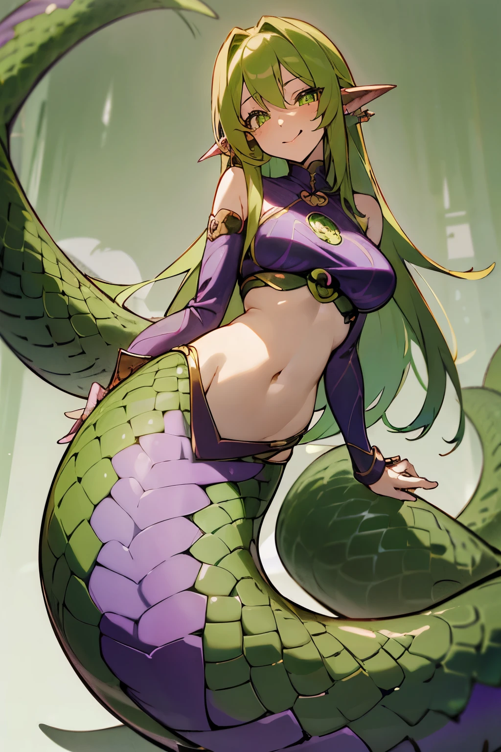 masterpiece, best quality, highres, focus, anime style lamia, full body of anime lamia girl, anime image, long hair, green hair, spiral eyes, exotic, lamia, copper colored scales, colored belly, fantasy, mature, seductive expression, long tongue, purple clothes, skimpy clothes