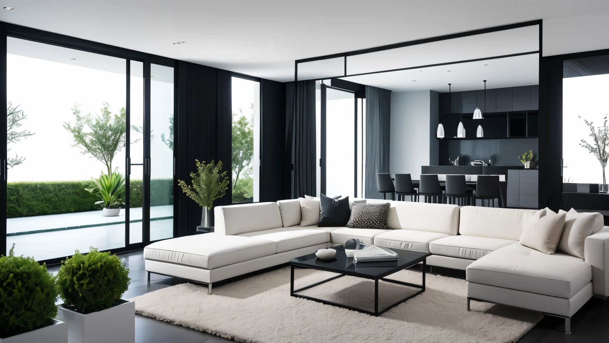 You are a famous interior designer、You have been asked to create a 3D image of a modern large room. Create a harmonious environment with modern and minimalist furniture. Including garden interior.