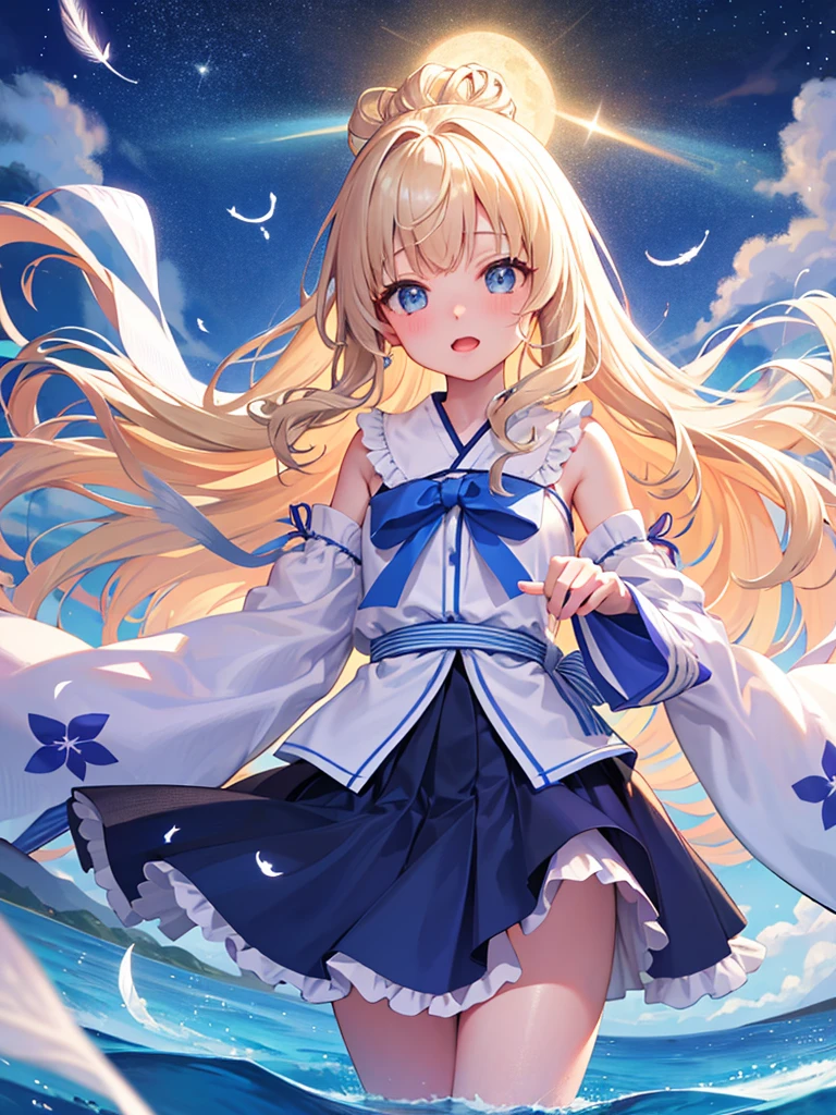 photo realistic, photo realistic, photo realistic, (masterpiece,best quality:1.4),(8k,raw photo,photo realistic:1.2),Not Safe for Work, detailed skin,detailed face,1girl,Japanese idol,cute face,Child,petite, Girl Standing On Water、blonde、Wavy Hair、blue eyes、semi-long、mini skirt、白いfrillsパンツ、lift your skirt、Light blue dress、beautiful eyes、Sparkling、Eyes that seem to be sucked in、Standing Girl、one girl、14age、Beautiful scenery、moonlight、A very big moon、Beautiful starry sky、shooting star、high resolution、night view、The Lost City、barefoot、whole body、Scattering Flowers、Hanabubuki、pretty fingers、beautiful feet、small breasts、girl in return、broken town、Fluttering feathers、frills、画面全体がSparkling、Lots of feathers、fantasy、mysterious、upper body up、rainbow light、