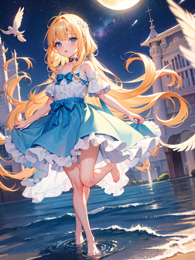 photo realistic, photo realistic, photo realistic, (masterpiece,best quality:1.4),(8k,raw photo,photo realistic:1.2),, detailed skin,detailed face,1girl,Japanese idol,cute face,Child,petite, Girl Standing On Water、blonde、Wavy Hair、blue eyes、semi-long、、白いfrills、lift your skirt、Light blue dress、beautiful eyes、Sparkling、Eyes that seem to be sucked in、Standing Girl、one girl、１４age、Beautiful scenery、moonlight、A very big moon、Beautiful starry sky、shooting star、high resolution、night view、The Lost City、barefoot、whole body、Scattering Flowers、Hanabubuki、pretty fingers、beautiful feet、small breasts、girl in return、broken town、Fluttering feathers、frills、画面全体がSparkling、Lots of feathers、fantasy、mysterious、upper body up、rainbow light、