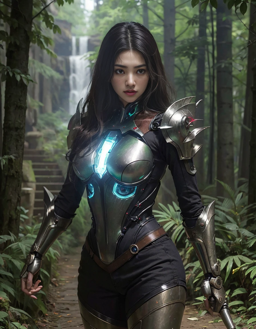 (1 Mechanical Girl)、top-quality、​masterpiece、超A high resolution、(Photorealsitic:1.4)、Raw photo、女の子1人、Fight mutants、glowy skin、(((1 Mechanical Girl)))、With a beautiful knife、（Green Metal Bodysuit）、(Fight goblings、ogre、Fierce battle with orcight fiercely against alienight fiercely、(beautiful forest background)、(Fighting Demonic Beasts)、(Small LED)、((super realistic details))、portlarong giant demon beast background),globalillumination、Shadow、octan render、8K、ultrasharp、Colossal tits、Raw skin  exposed in cleavage、metals、Details of complex ornaments、Japan details、highly intricate detail、Realistic light、(Mystical expression),CGSoation Trendlue eyes、radiant eyeacing the camera、neon detailechanical limblood vessels connected to tubeechanical vertebrae attached to the back、mechanical cervical attaching to neck、(Wires and cables connecting to the head)、Gundam、Small LED、,Mechanical thighs、Toostock、（Hands are also made of machines）、（Attack of the Monster Beasts）、（Wounded in a deadly battle）、