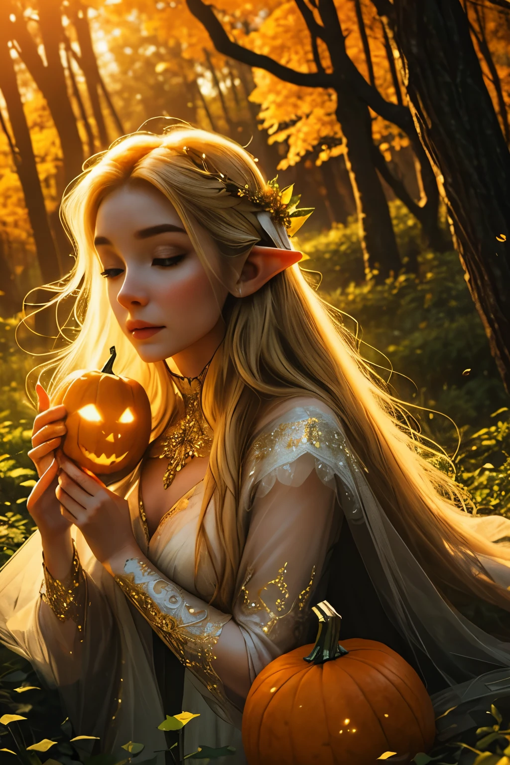 beautiful detailed elf,holding a pumpkin lantern,elegant posture,golden hair flowing in the wind,forest background,magical atmosphere,fairy tale feeling,vibrant colors,soft lighting,enchanted forest,ethereal beauty,portrait,mythical creature,magic,autumn theme,whimsical,glowing eyes,fantasy art,impressive details,mystical,sparkling,delicate features,luminous pumpkin,dreamlike,pure and graceful,enchanted garden,feminine power,mesmerizing,airy and light,imagination and wonder,serene expression,enchanting,ethereal glow