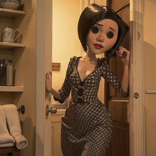 She uses the character the other mother from the movie Coraline and the Secret Door as a reference. She wears a black dress with white dots on the front, with wide hips and big tits sucking her fingers. 