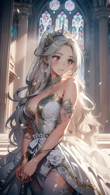 butterfly,long gray hair,light gold wedding dress,8k wallpaper,detailed background,best high resolution,deep v big,Hair covering one eye,Bandeau Wedding Dress,church,white roses and pale pink roses,tight fit,stockings
