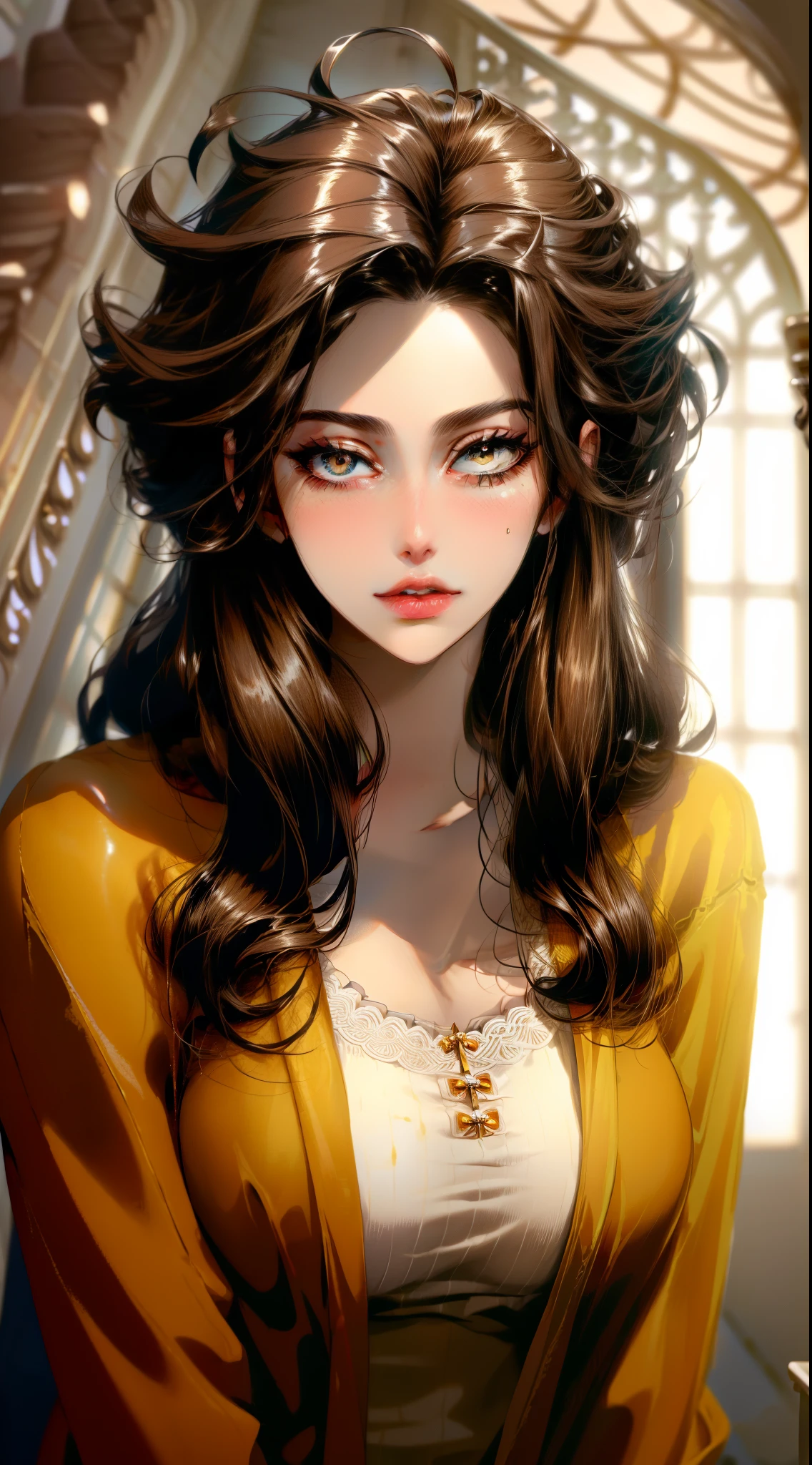 a woman, solo, upper body, (Random:1.3), quiff hair, medium brown hair, amber eyes, kissable lips, natural breasts, formal outfit, elegant staircase in a historic mansion, (masterpiece, best quality, detailed:1.3), sexy, cleavage, natural perfect breast,
